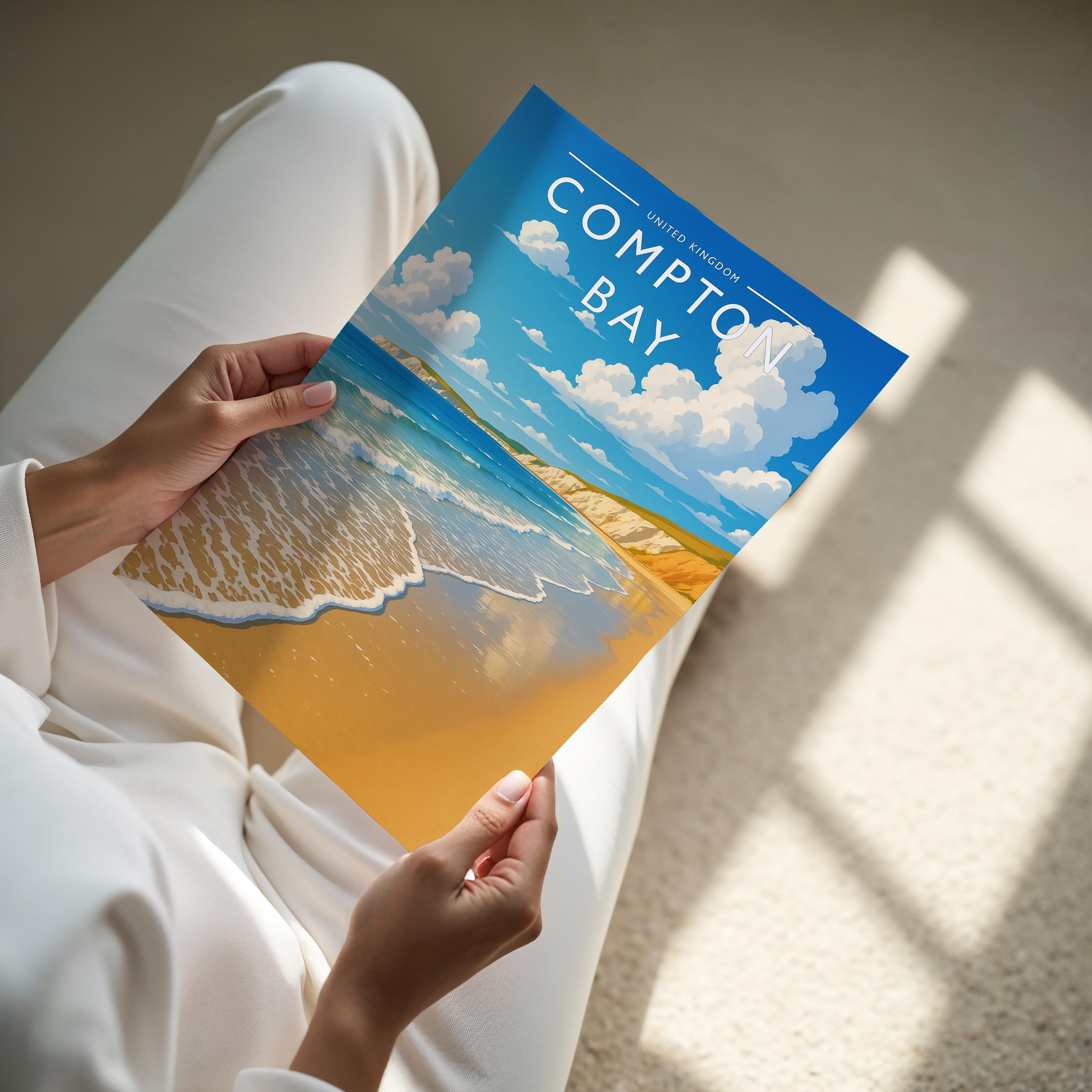 Compton Bay Travel Poster - A4 print held in hand