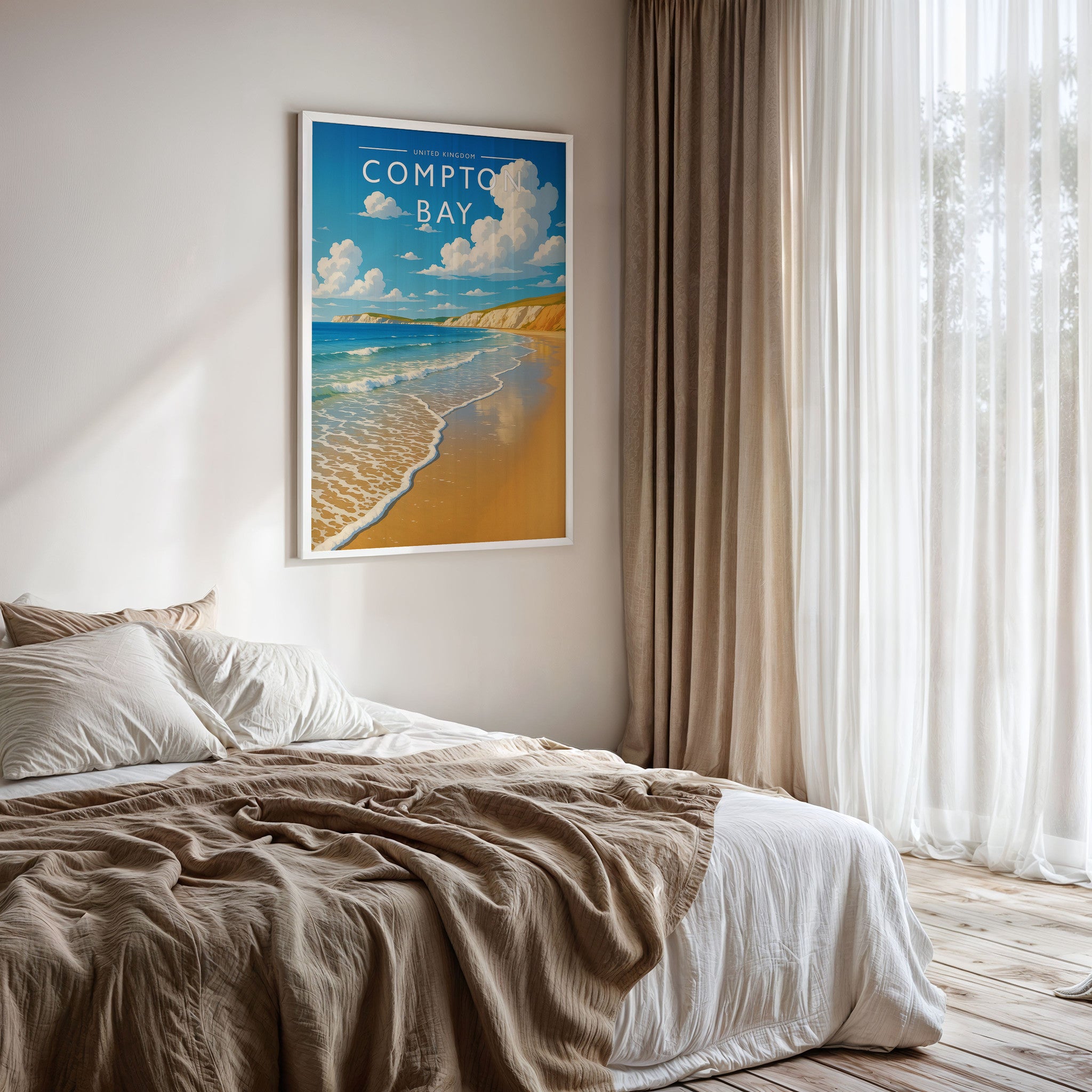 Compton Bay Travel Poster framed on a bedroom wall