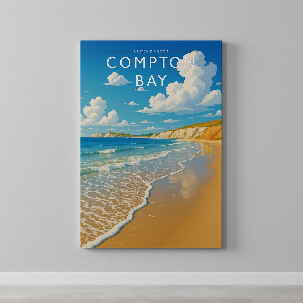 Compton Bay Travel Poster as a gallery-wrapped canvas on a plain wall