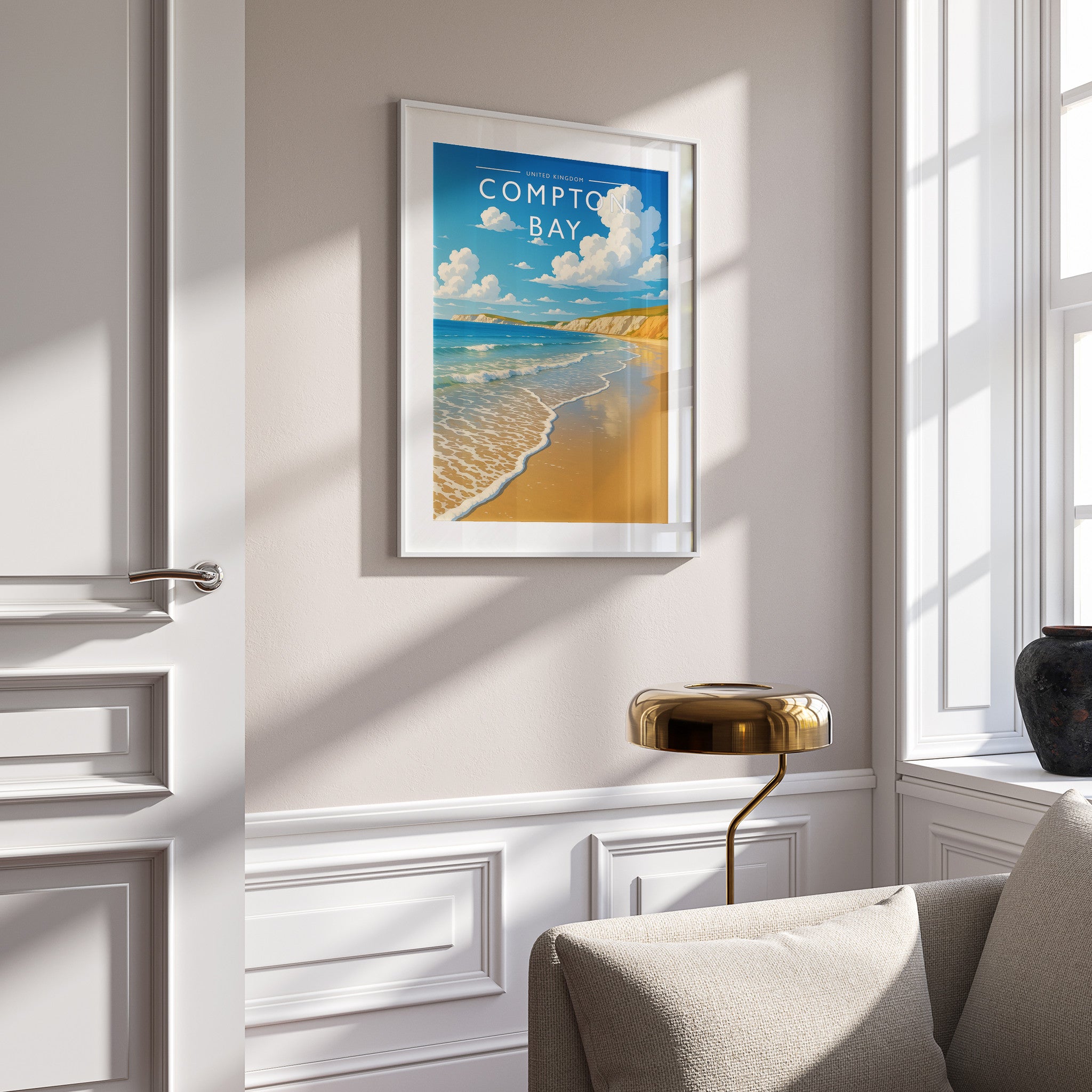 Compton Bay Travel Poster in a white frame on a panelled wall