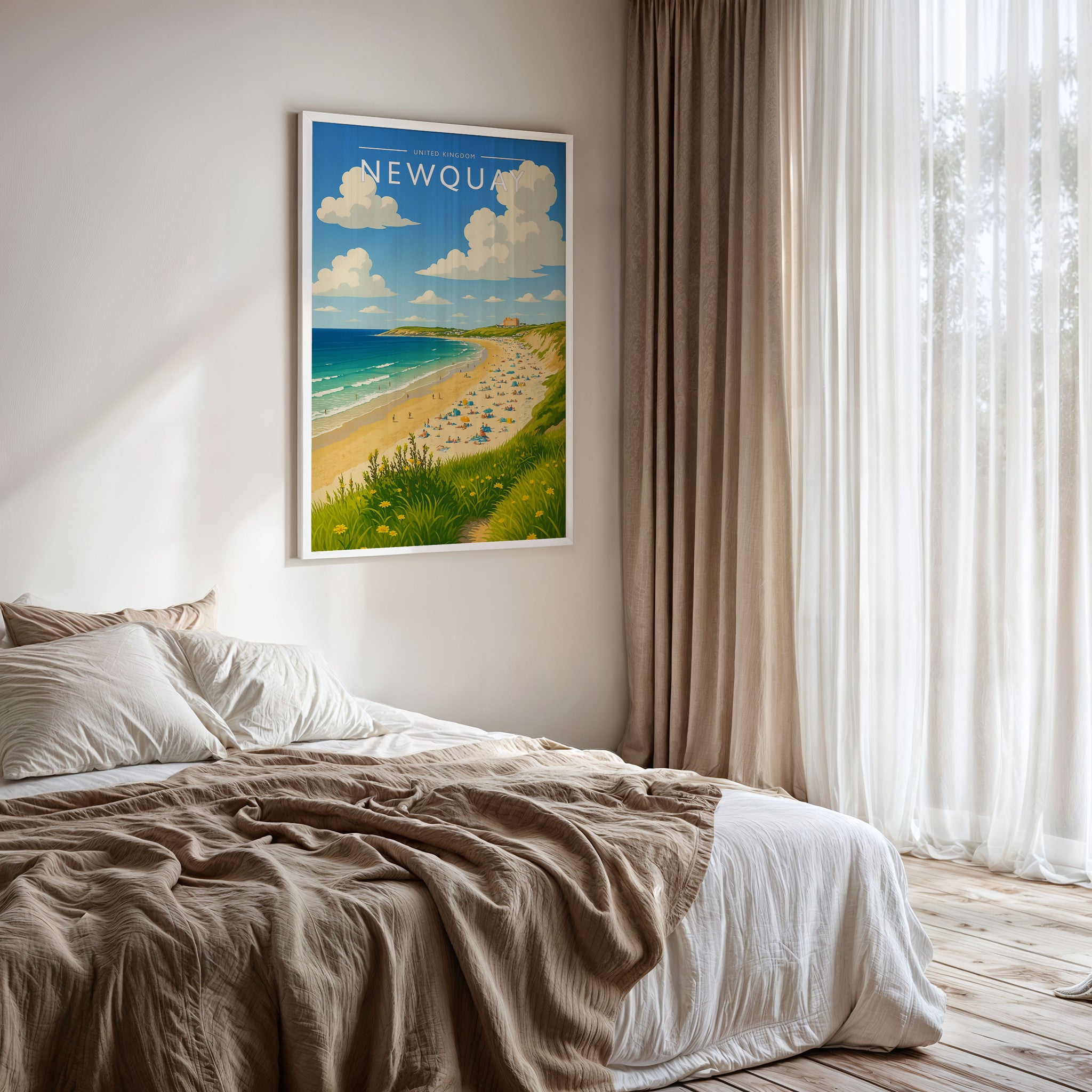 Newquay Travel Poster framed on a bedroom wall