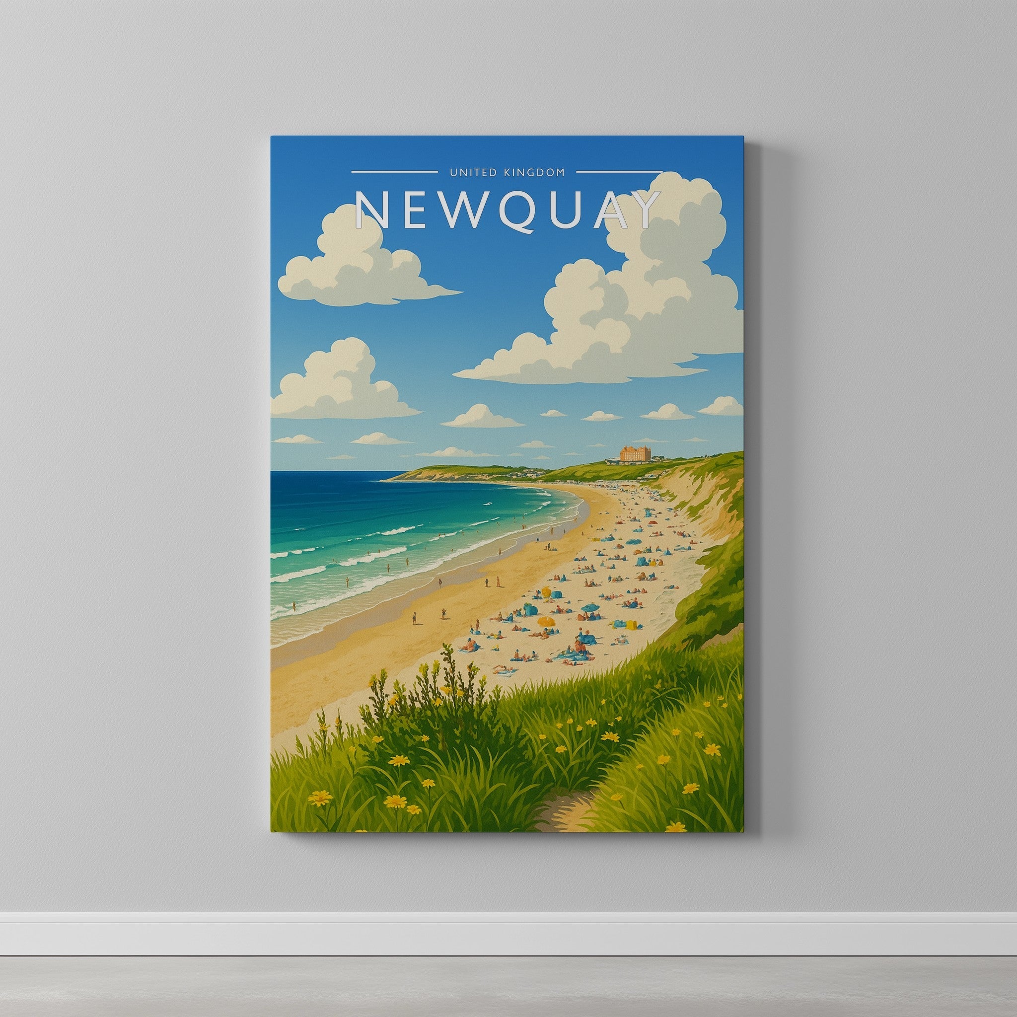 Newquay Travel Poster as a gallery-wrapped canvas on a plain wall