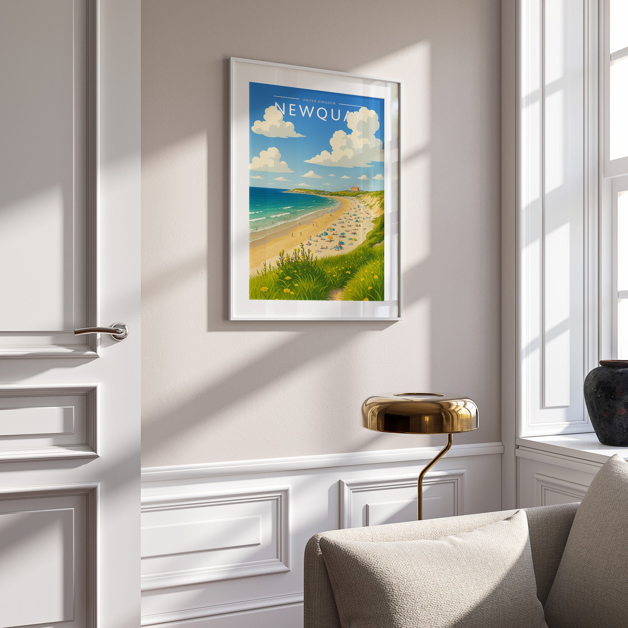 Newquay Travel Poster in a white frame on a panelled wall