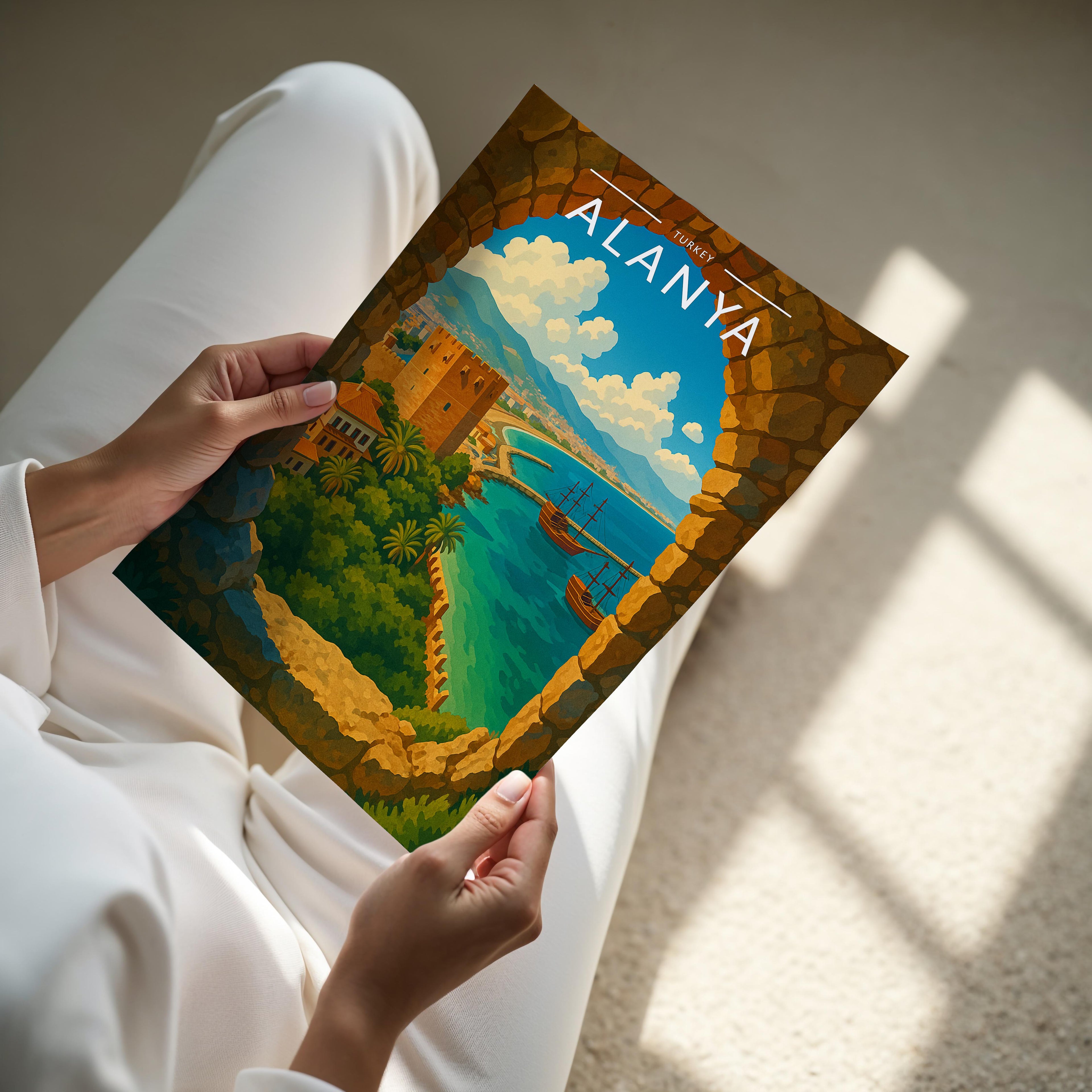Alanya Travel Poster - A4 print held in hand