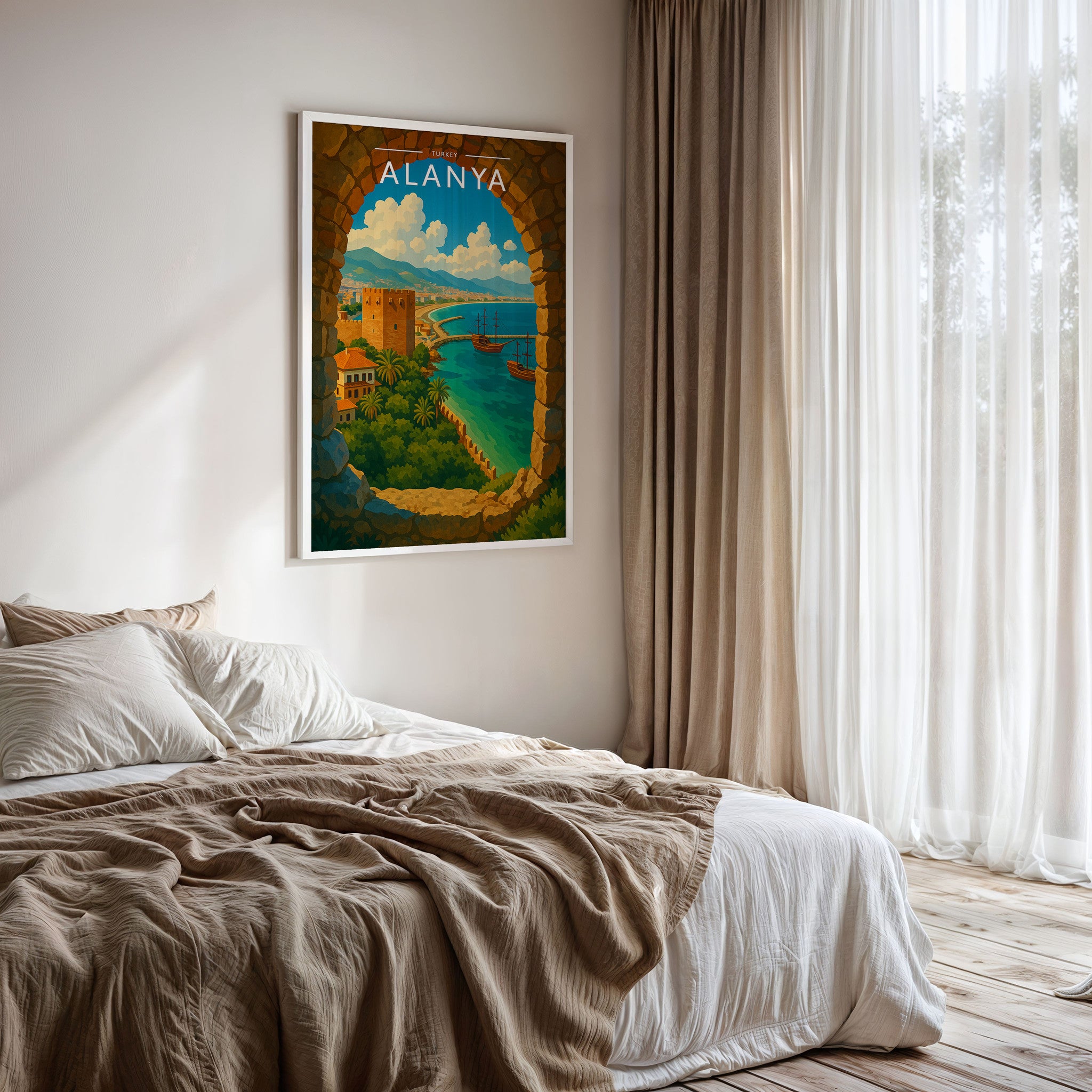 Alanya Travel Poster framed on a bedroom wall