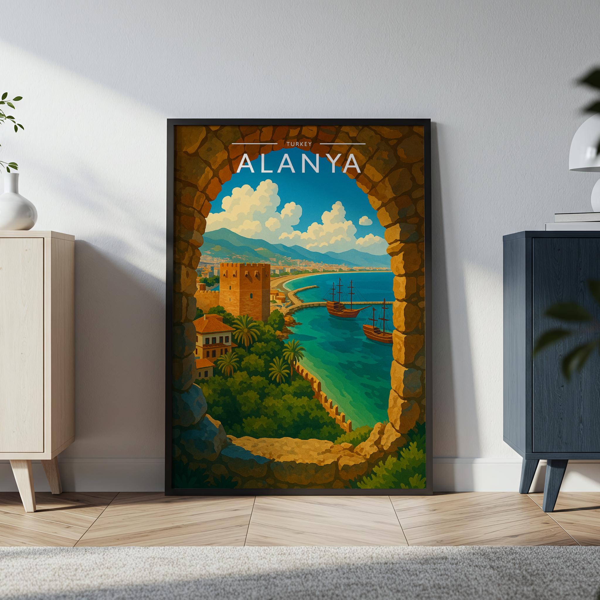 Alanya Travel Poster in a black frame