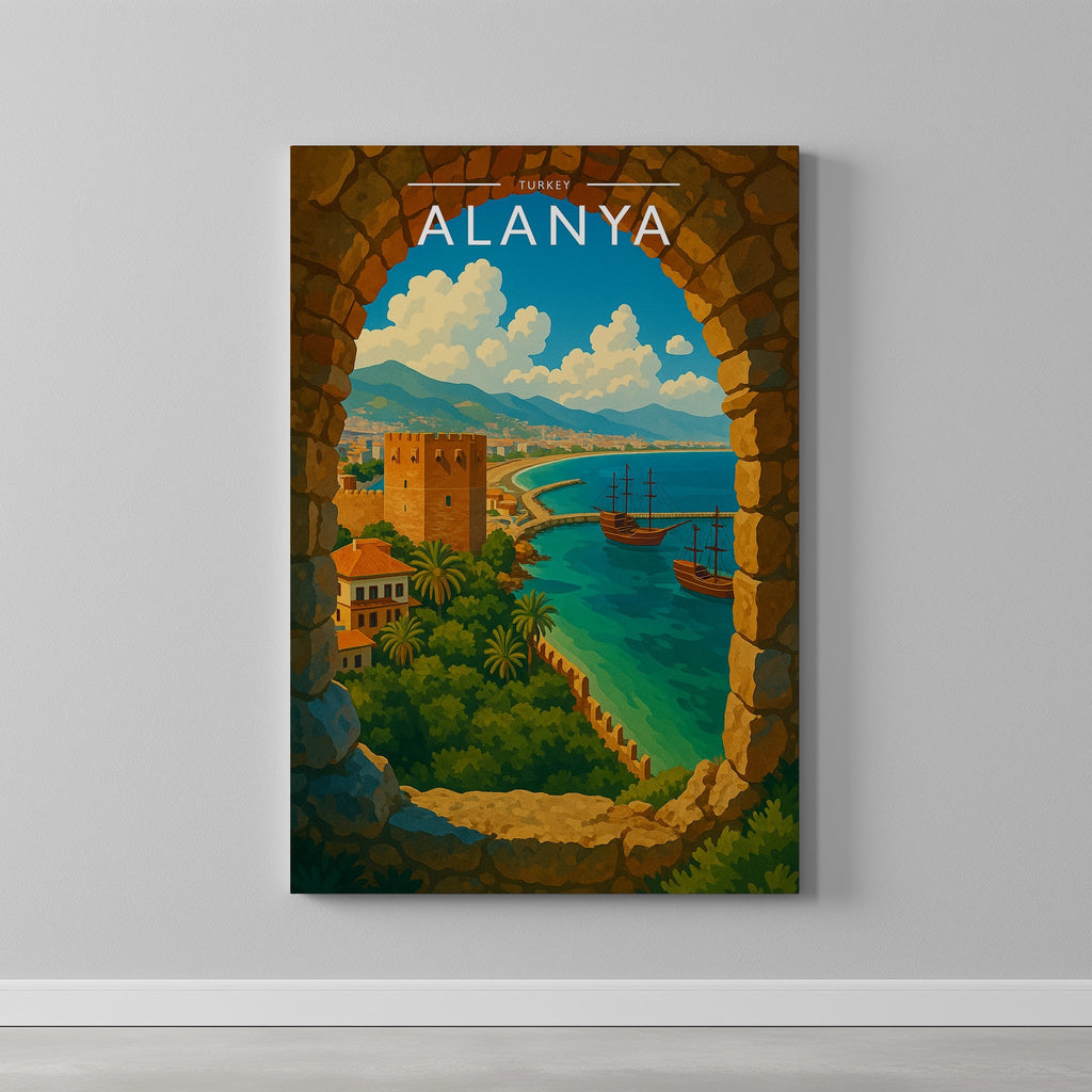 Alanya Travel Poster as a gallery-wrapped canvas on a plain wall