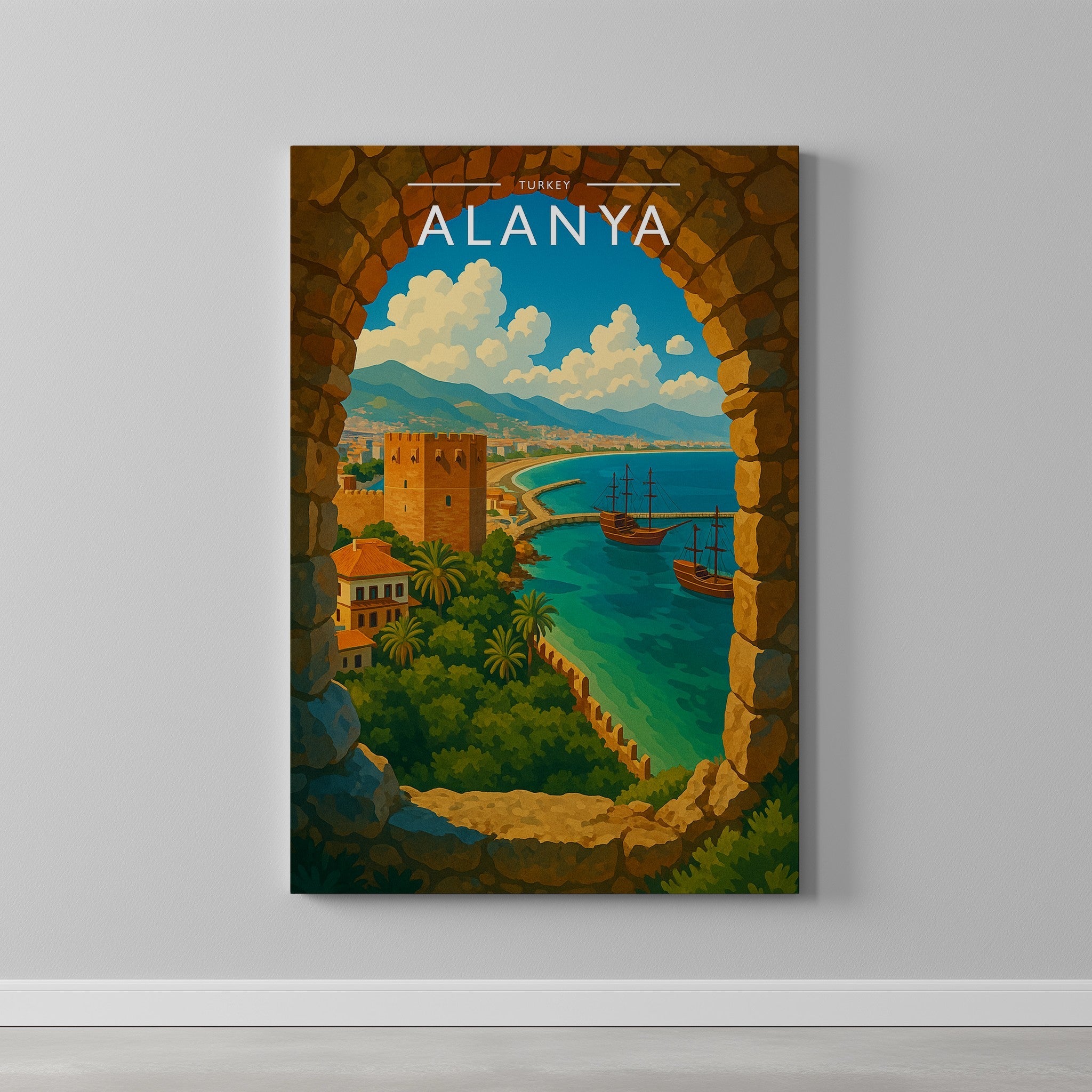 Alanya Travel Poster as a gallery-wrapped canvas on a plain wall