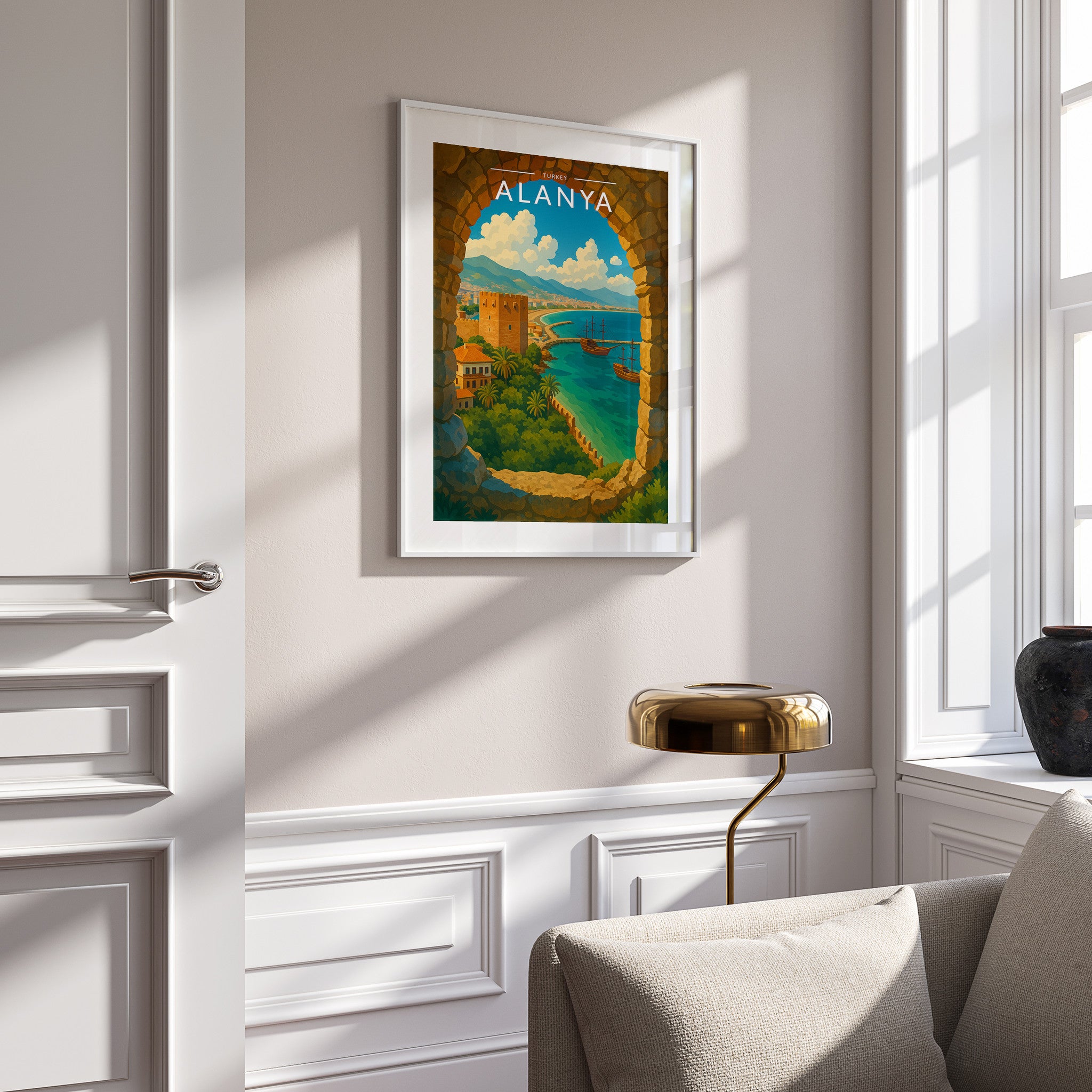Alanya Travel Poster in a white frame on a panelled wall