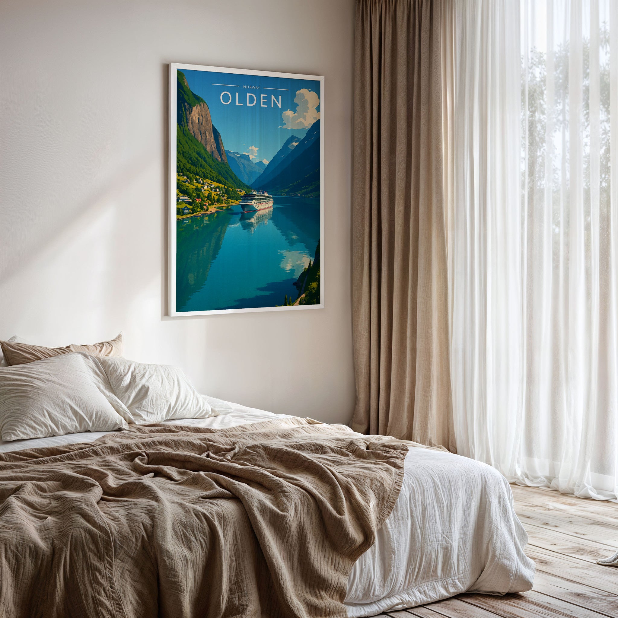 Olden Travel Poster framed on a bedroom wall