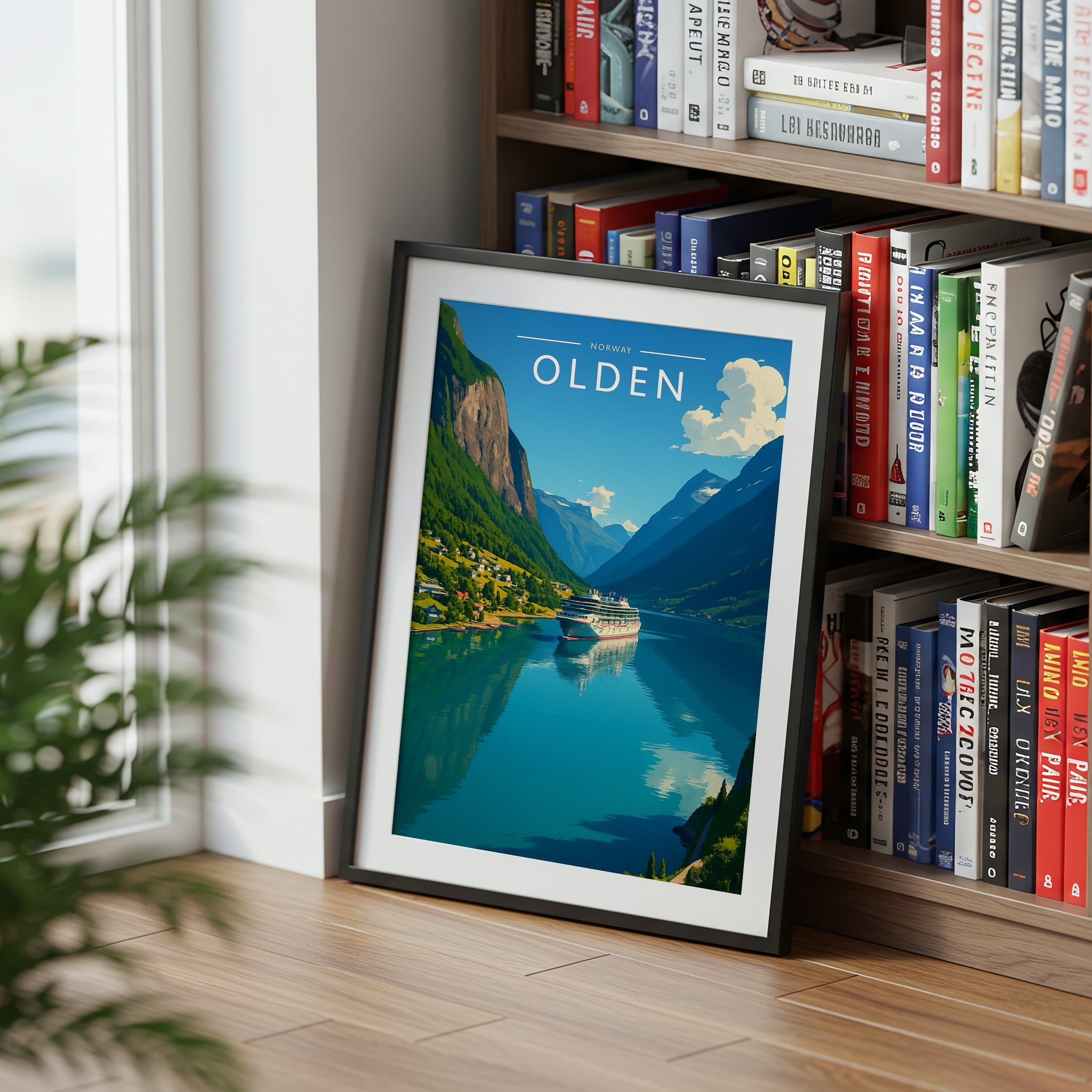 Olden Travel Poster mounted in a black frame