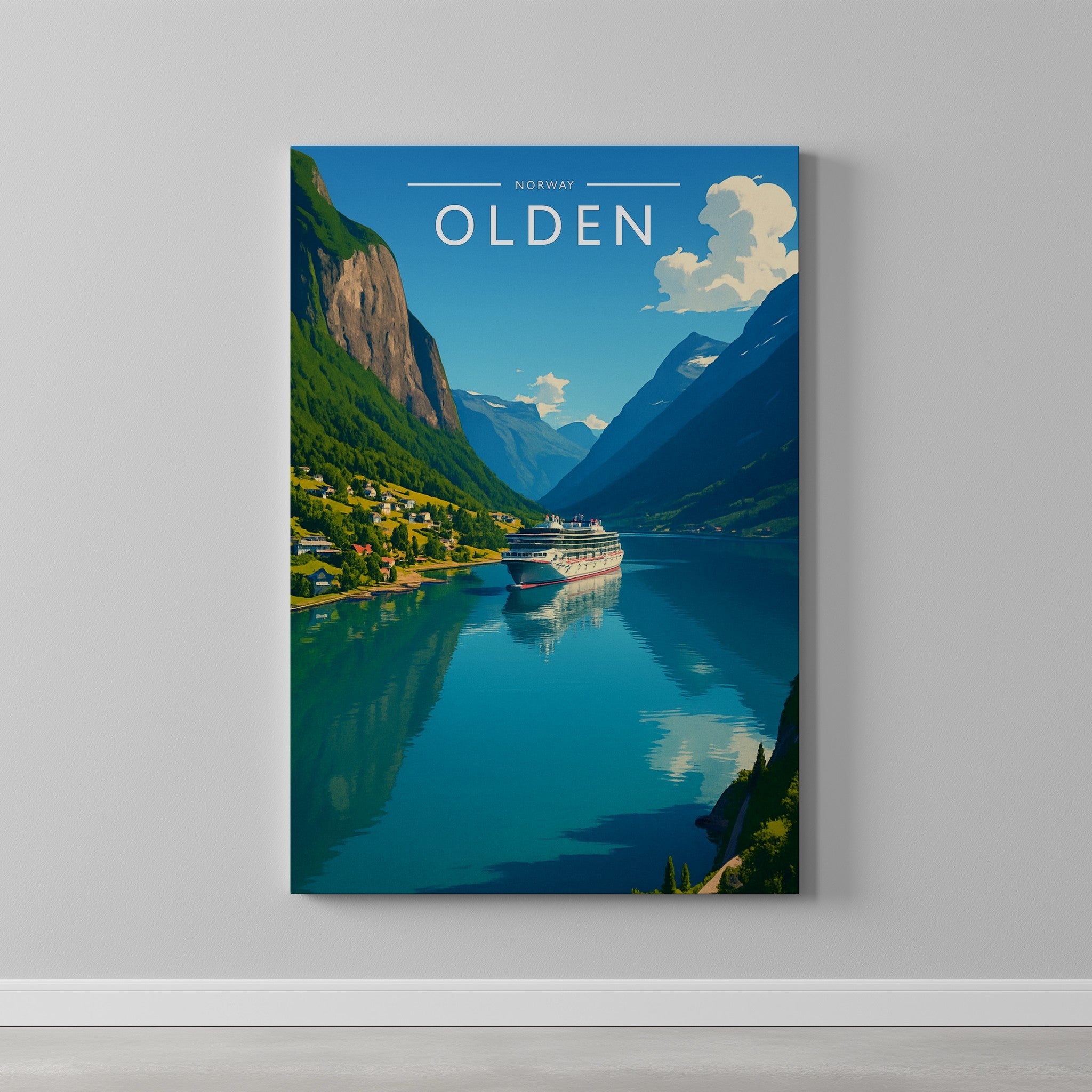 Olden Travel Poster as a gallery-wrapped canvas on a plain wall