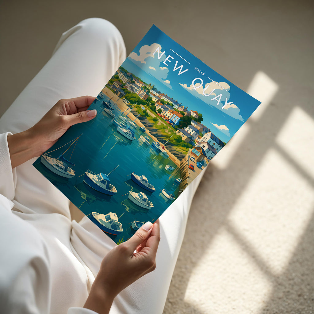 New Quay Travel Poster - A4 print held in hand