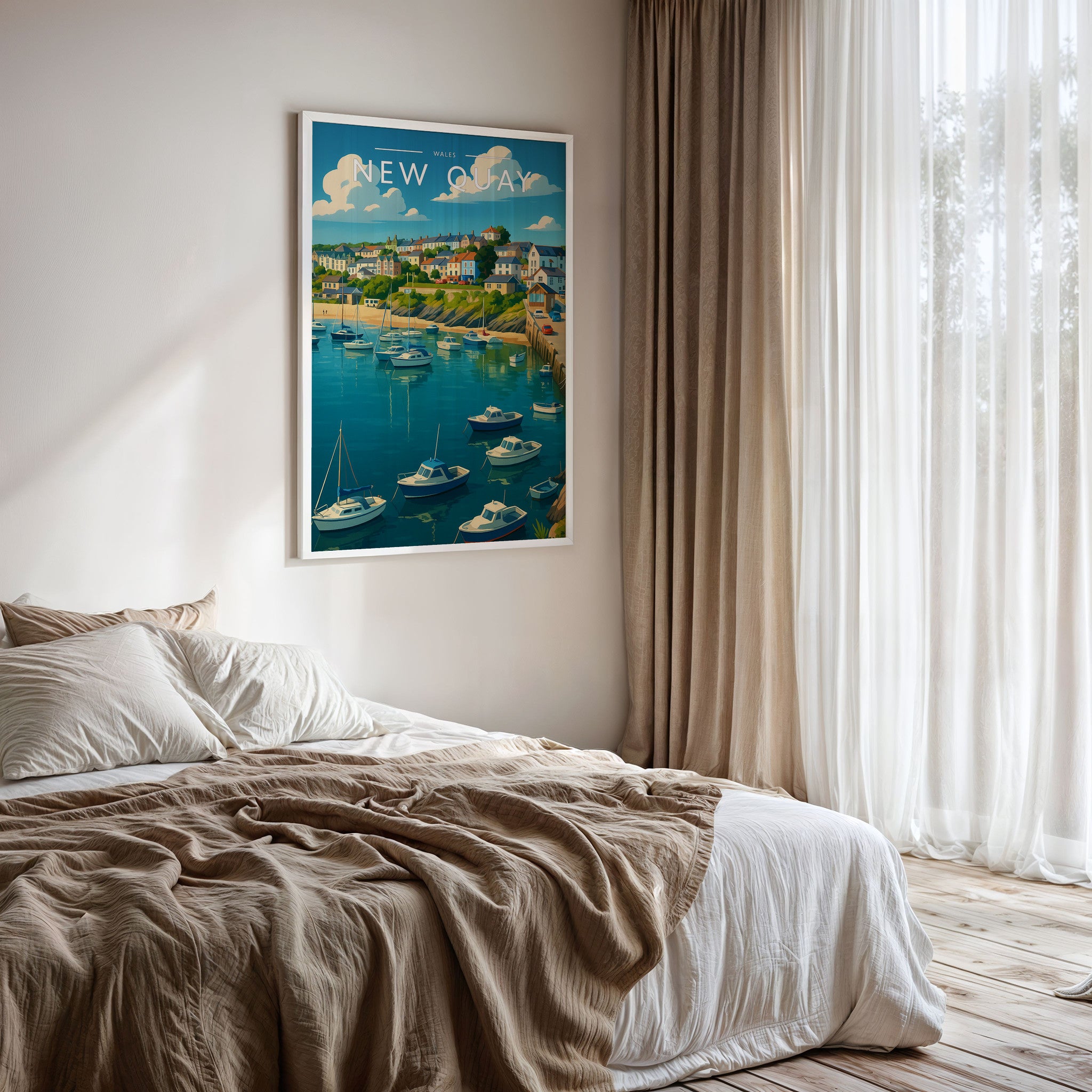 New Quay Travel Poster framed on a bedroom wall
