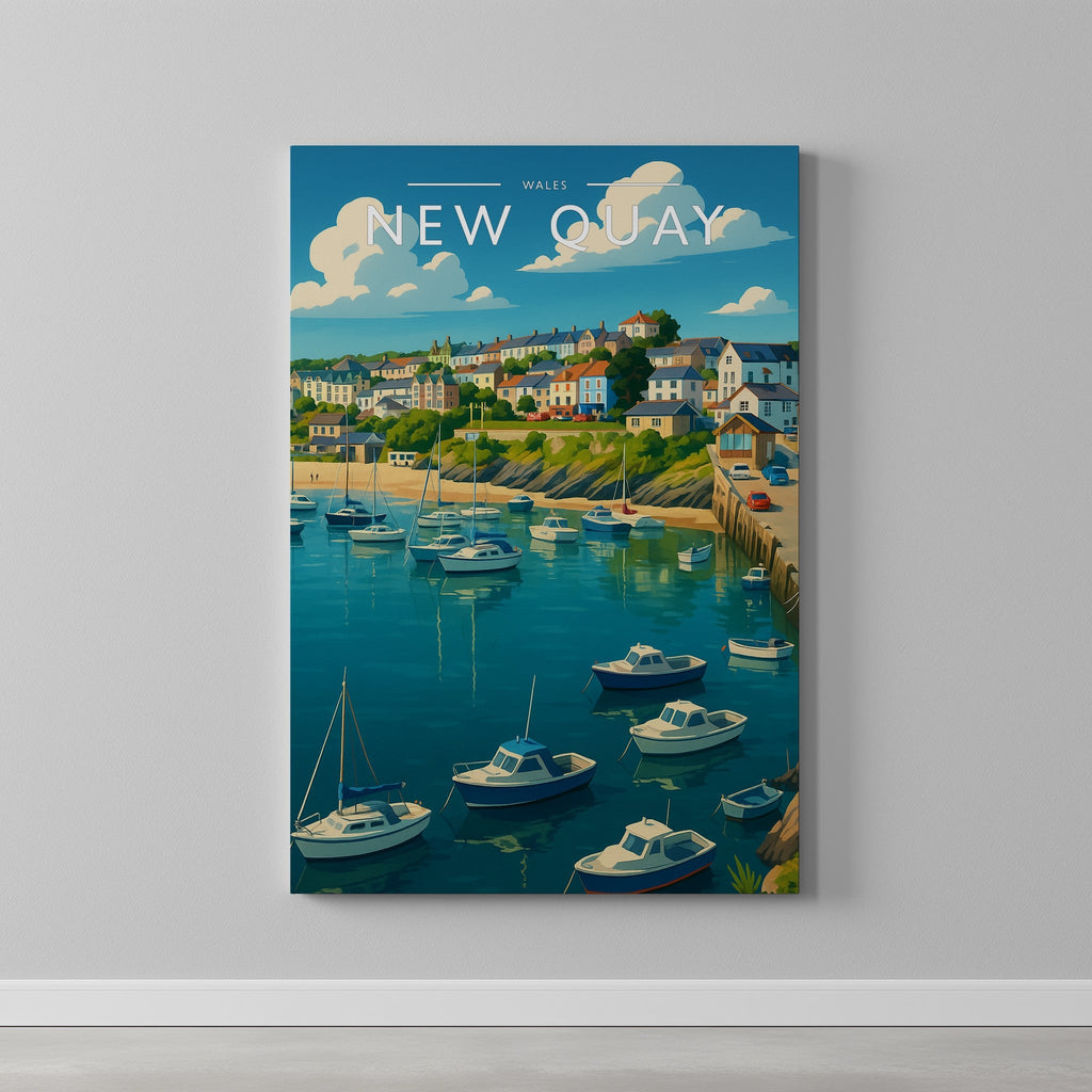 New Quay Travel Poster as a gallery-wrapped canvas on a plain wall