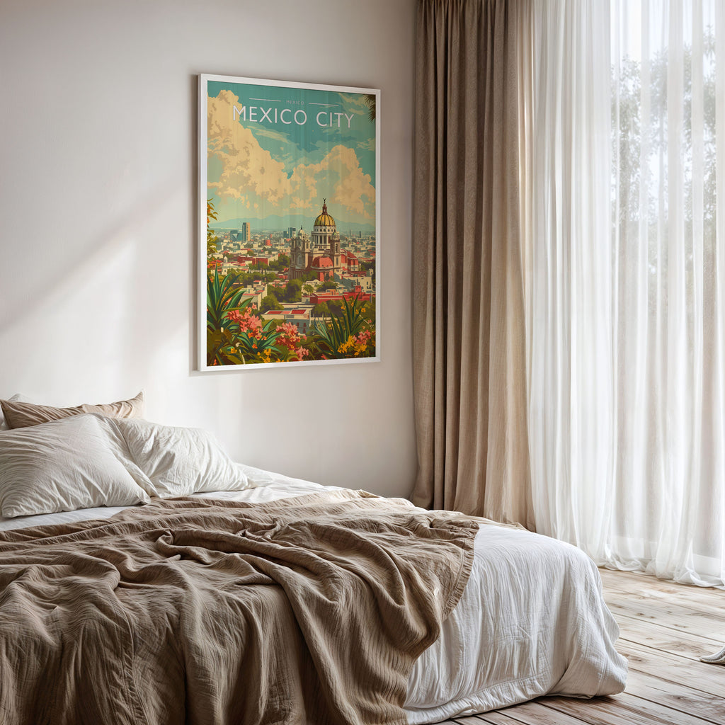 Mexico City Travel Poster framed on a bedroom wall