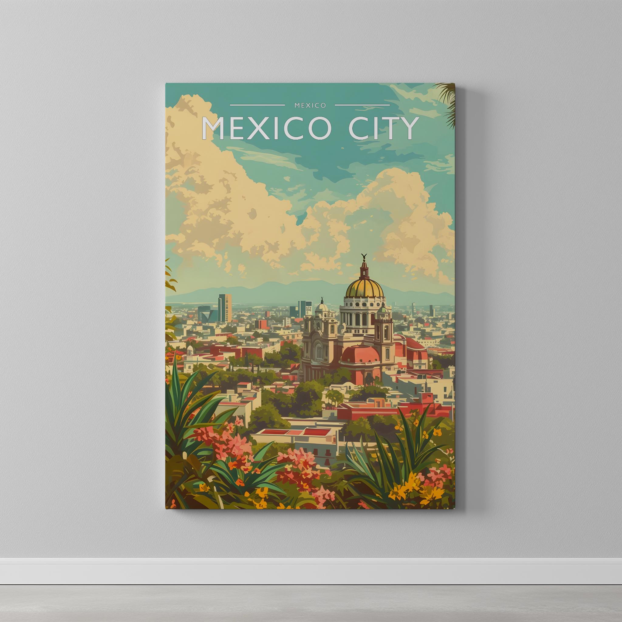 Mexico City Travel Poster as a gallery-wrapped canvas on a plain wall