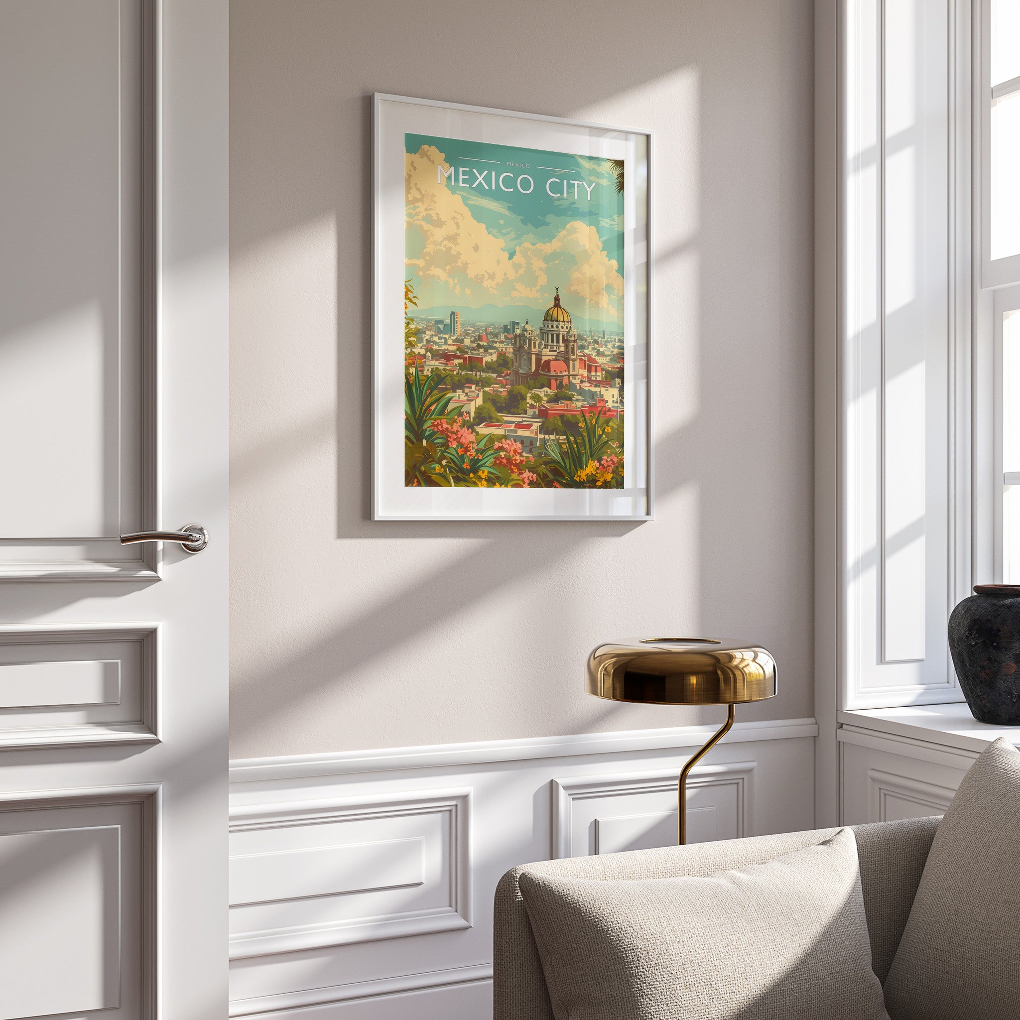 Mexico City Travel Poster in a white frame on a panelled wall