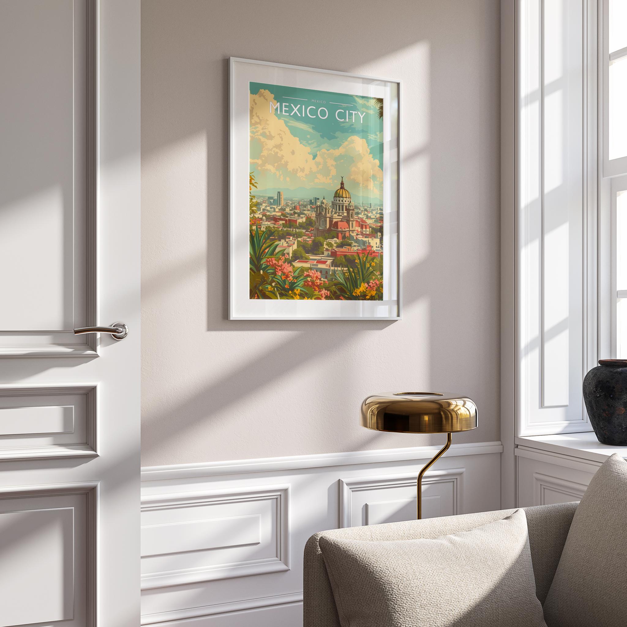 Mexico City Travel Poster mounted in a white frame