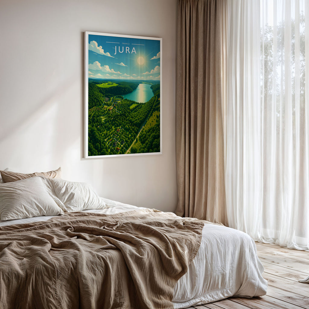 Jura Travel Poster framed on a bedroom wall