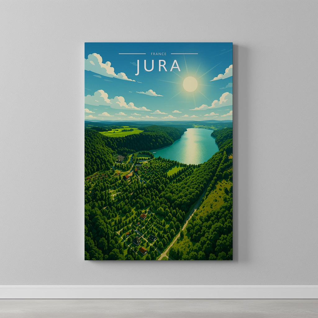 Jura Travel Poster as a gallery-wrapped canvas on a plain wall
