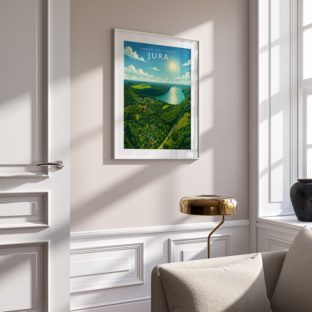 Jura Travel Poster in a white frame on a panelled wall