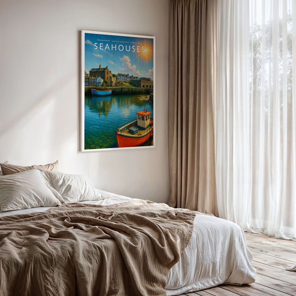 Seahouses Travel Poster framed on a bedroom wall