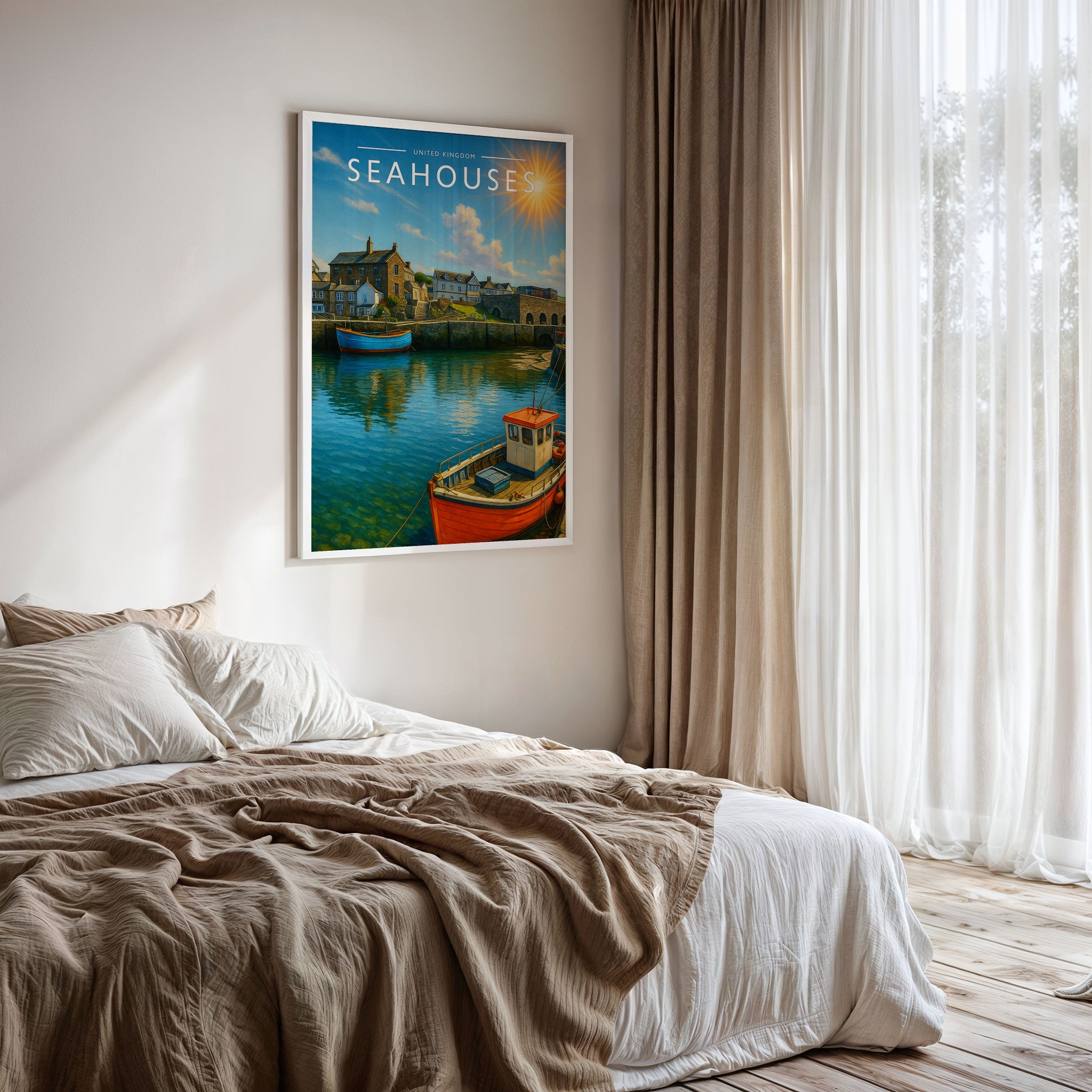 Seahouses Travel Poster framed on a bedroom wall
