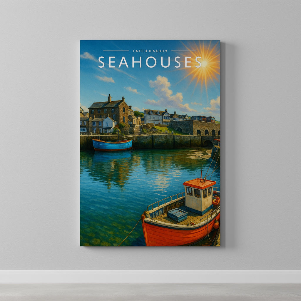 Seahouses Travel Poster as a gallery-wrapped canvas on a plain wall