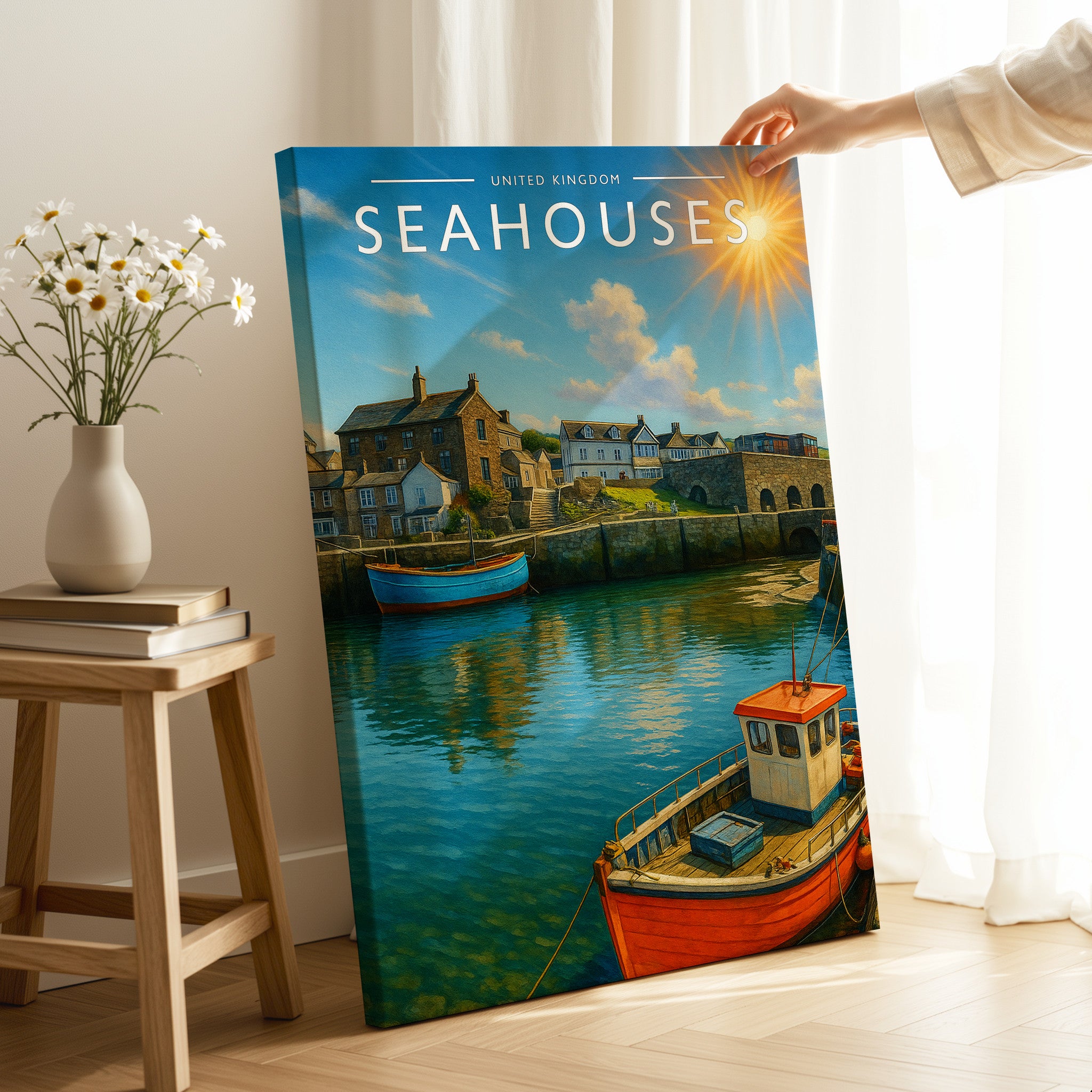Seahouses Travel Poster as a gallery-wrapped canvas