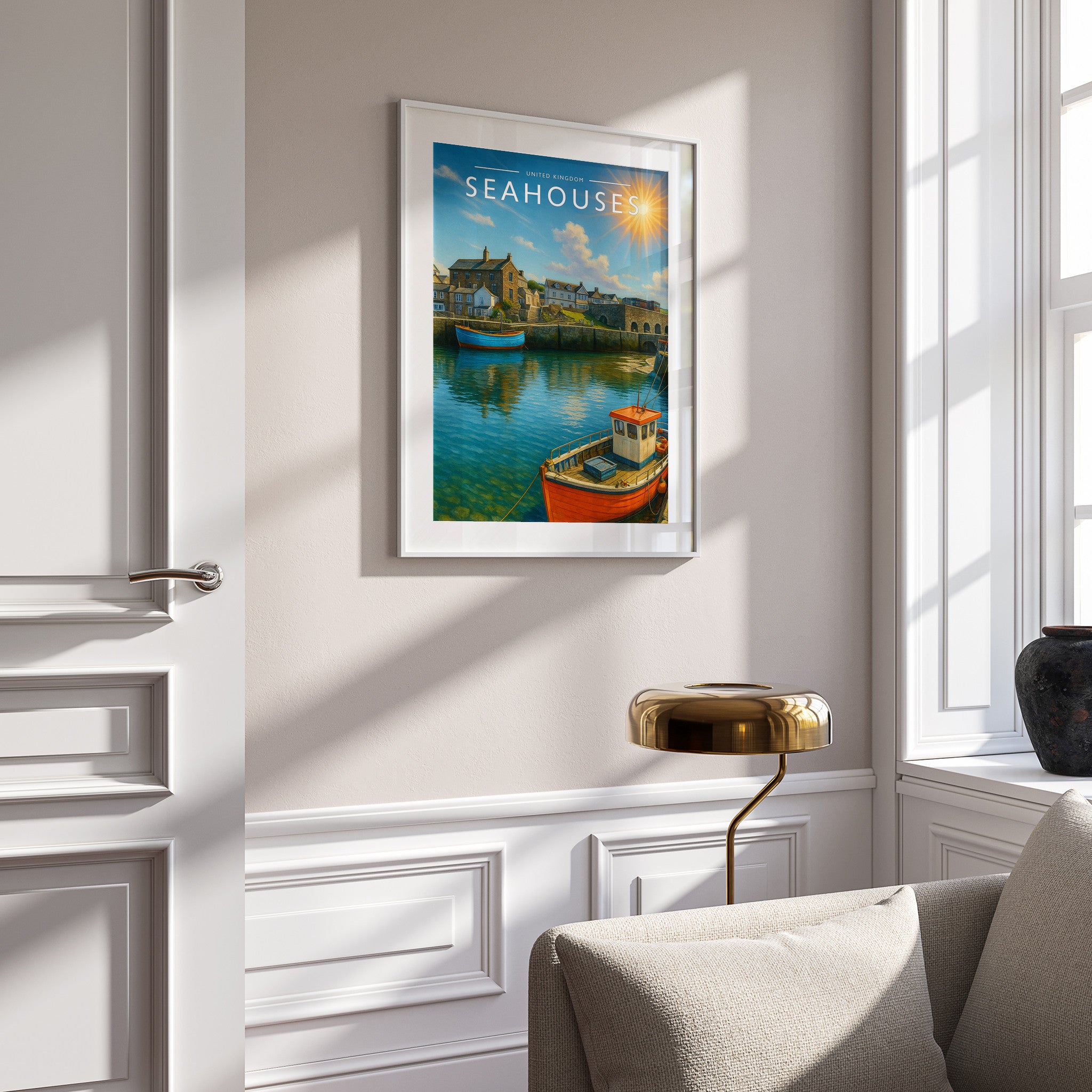 Seahouses Travel Poster in a white frame on a panelled wall