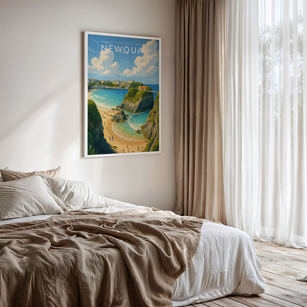 Newquay #2 Travel Poster framed on a bedroom wall