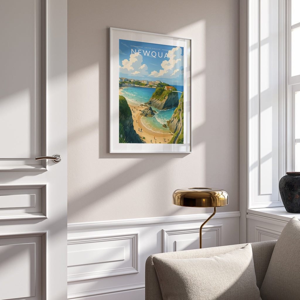 Newquay #2 Travel Poster in a white frame on a panelled wall