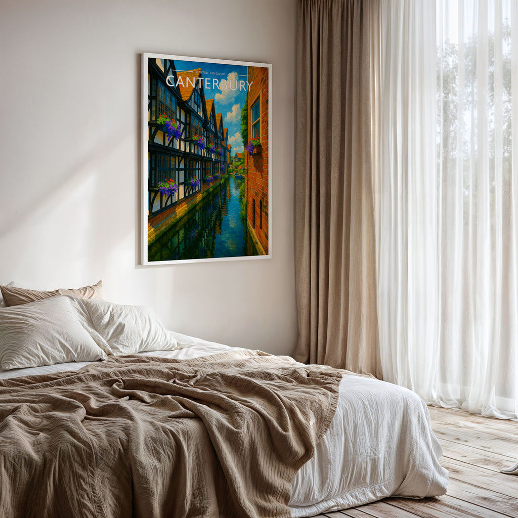 Canterbury Travel Poster framed on a bedroom wall
