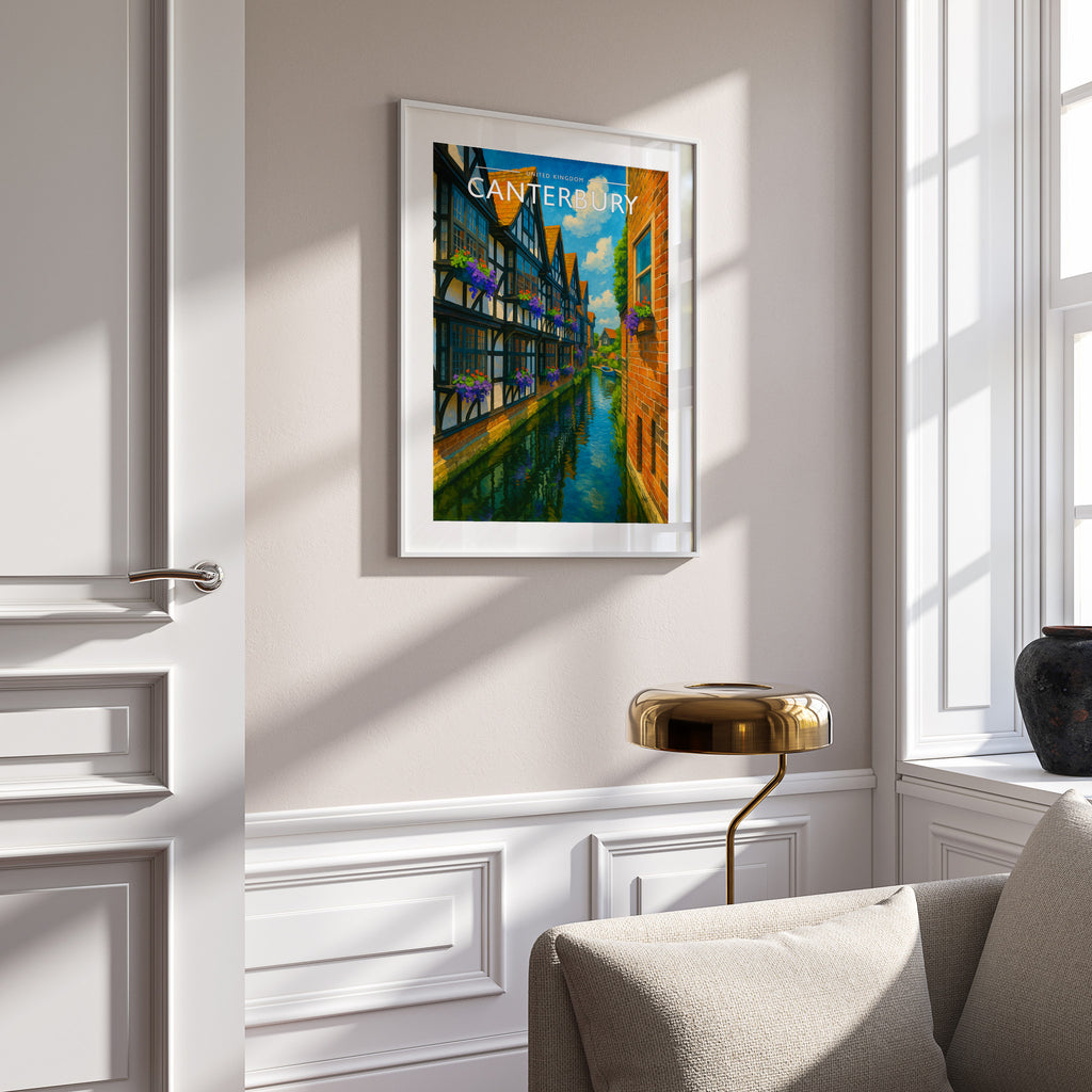 Canterbury Travel Poster in a white frame on a panelled wall