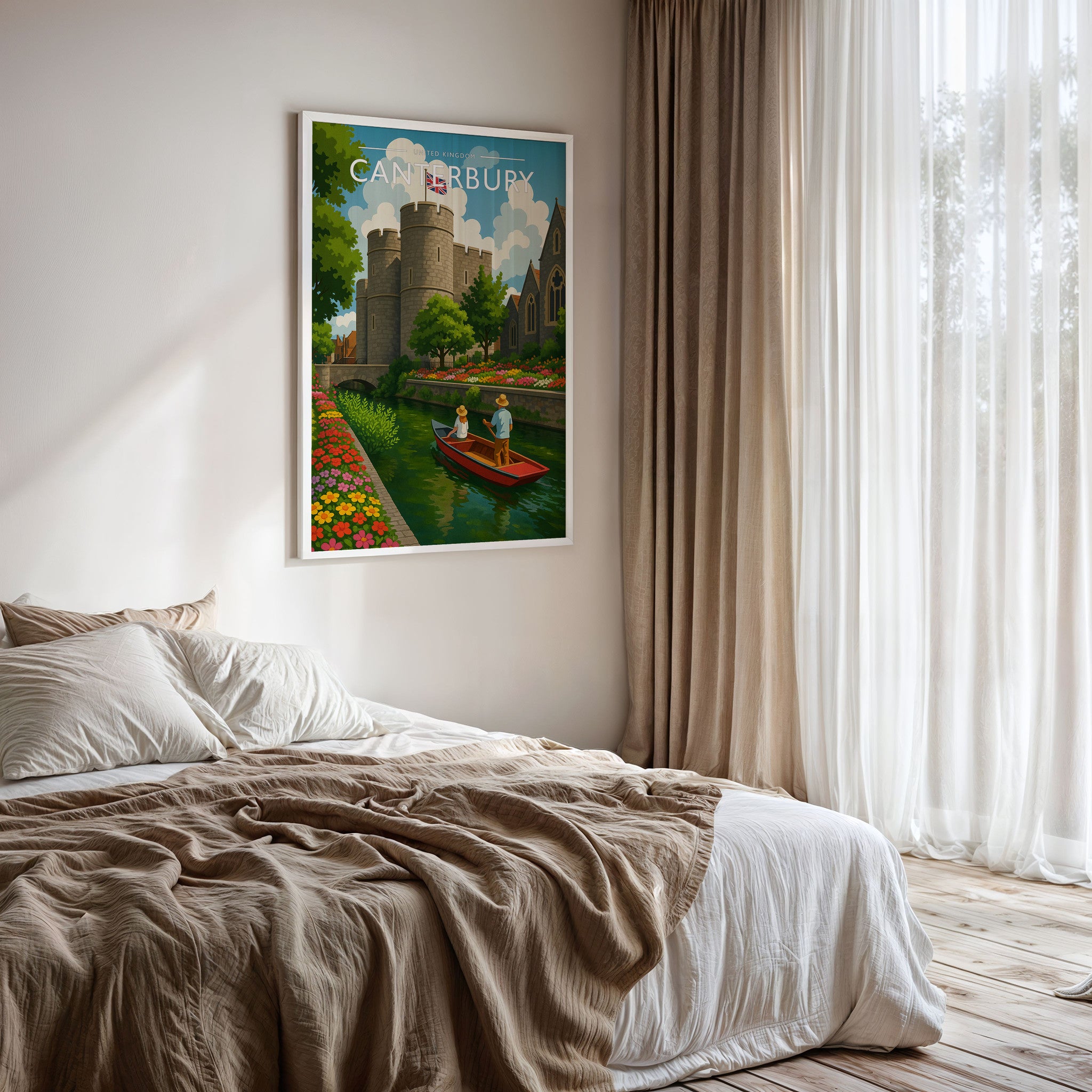 Canterbury #2 Travel Poster framed on a bedroom wall