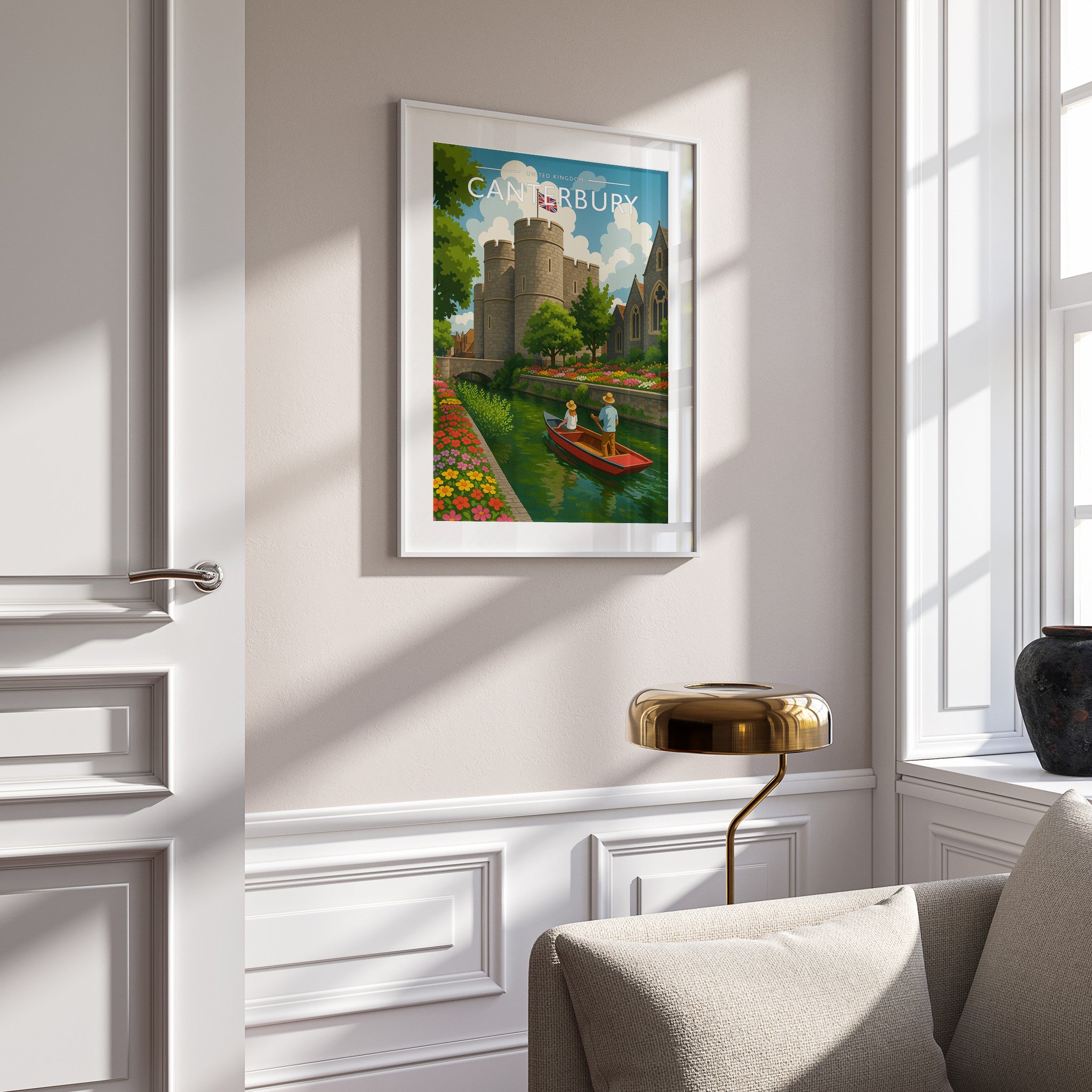 Canterbury #2 Travel Poster in a white frame on a panelled wall