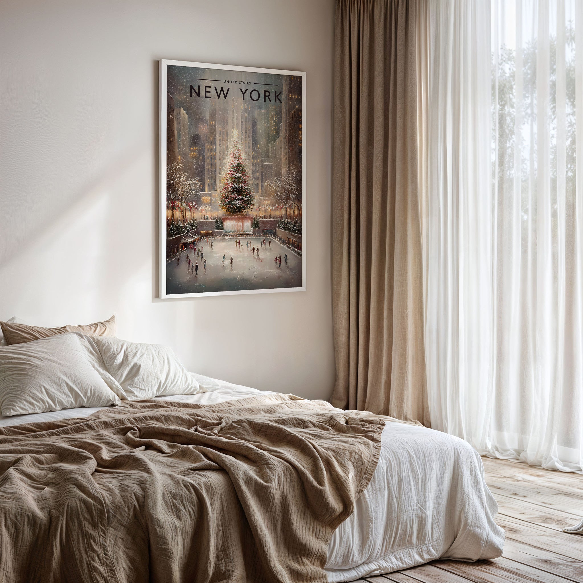 New York #2 Travel Poster framed on a bedroom wall
