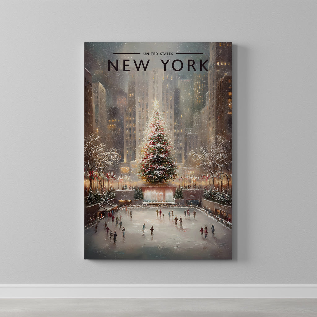 New York #2 Travel Poster as a gallery-wrapped canvas on a plain wall