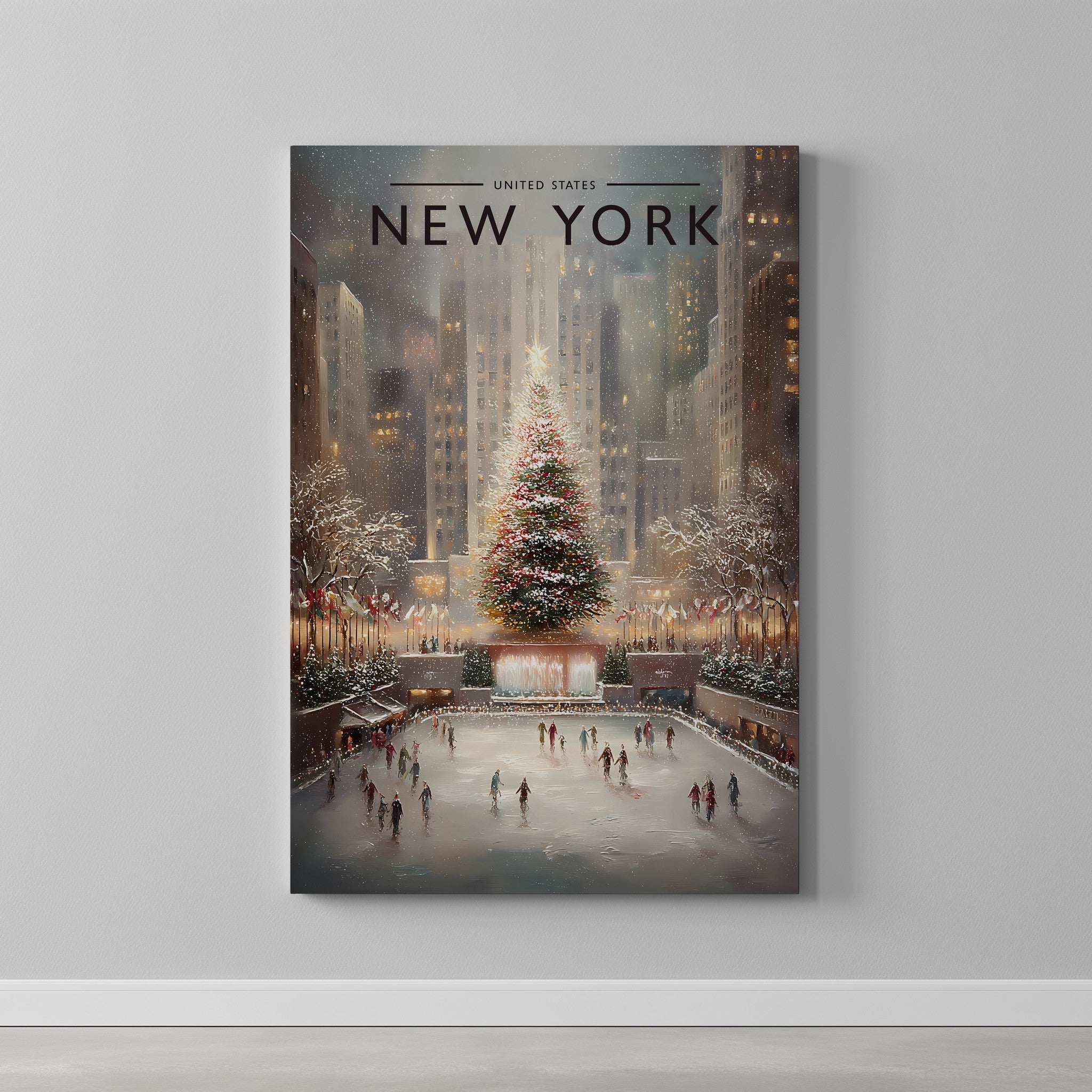 New York #2 Travel Poster as a gallery-wrapped canvas on a plain wall