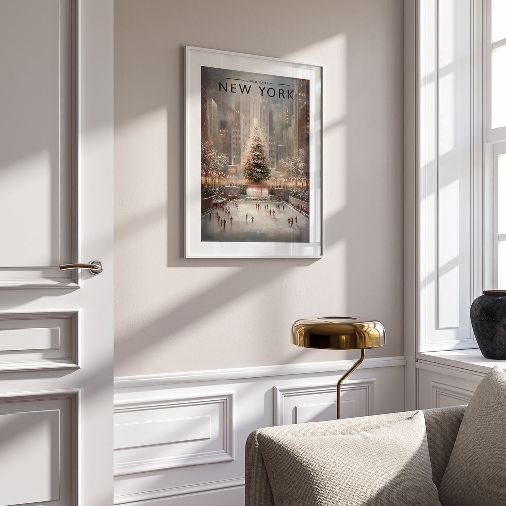 New York #2 Travel Poster in a white frame on a panelled wall