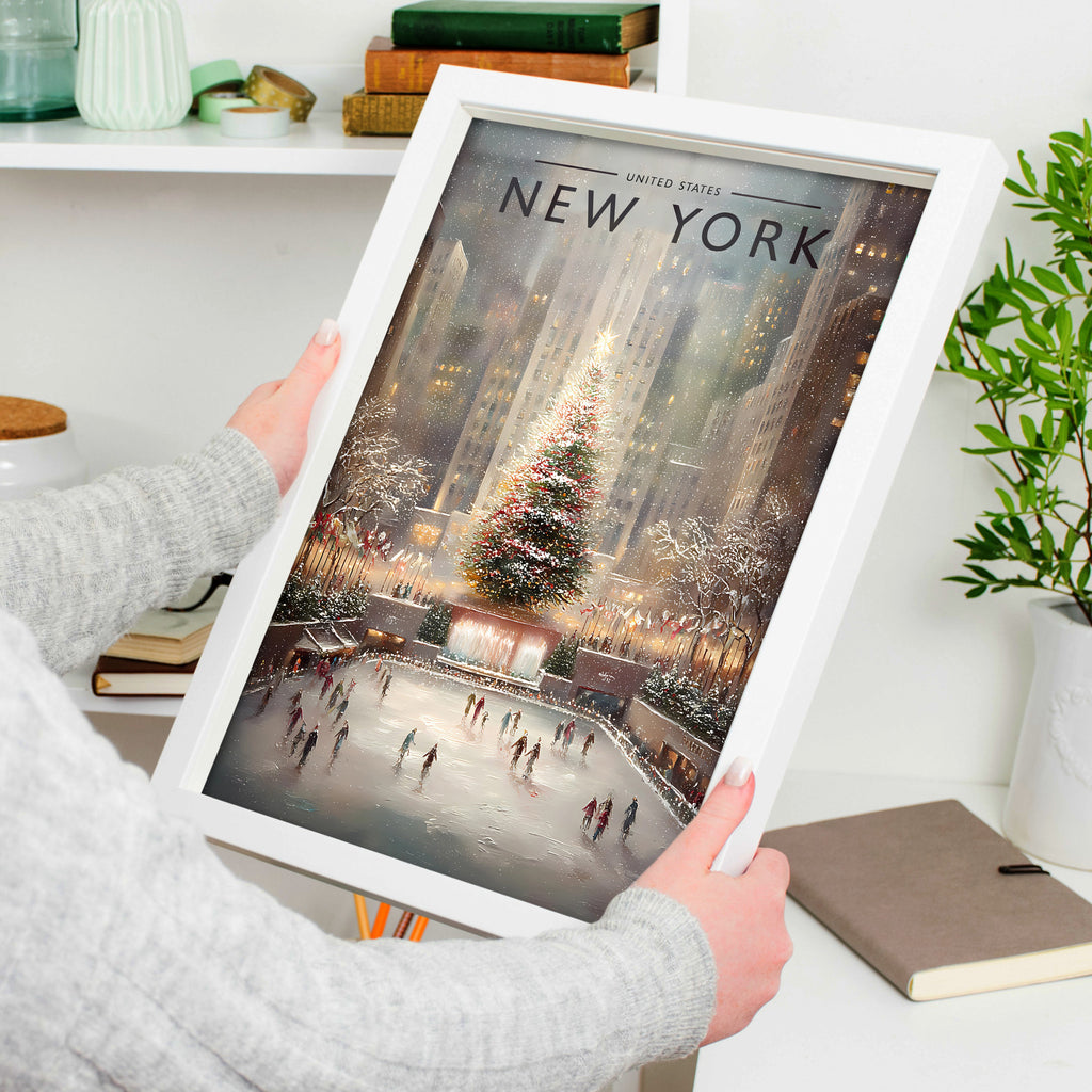 New York #2 Travel Poster in a white frame, held to show scale