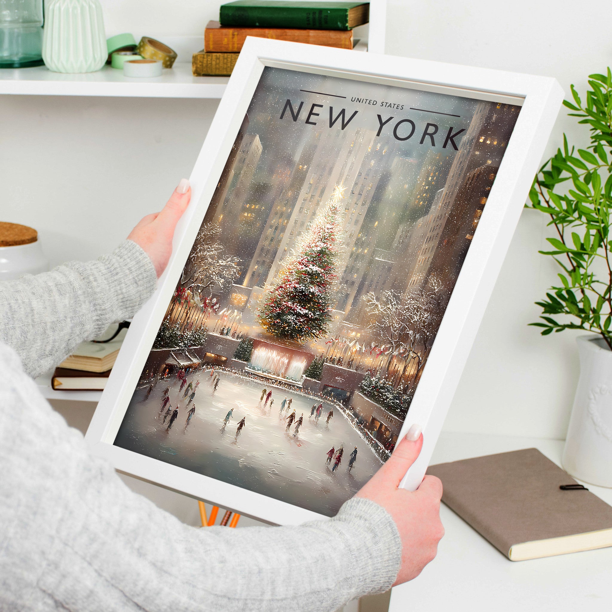 New York #2 Travel Poster in a white frame, held to show scale