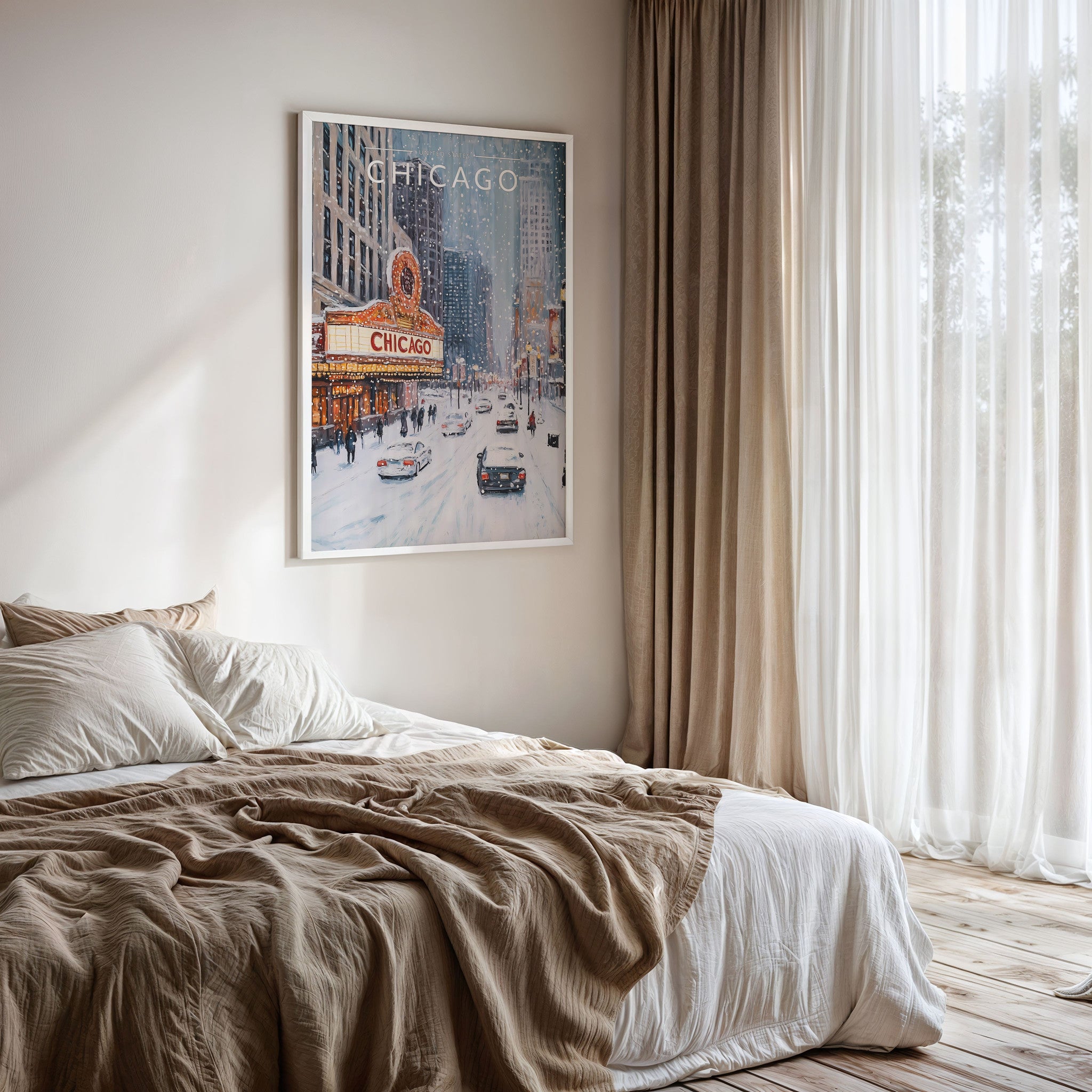Chicago #2 Travel Poster framed on a bedroom wall