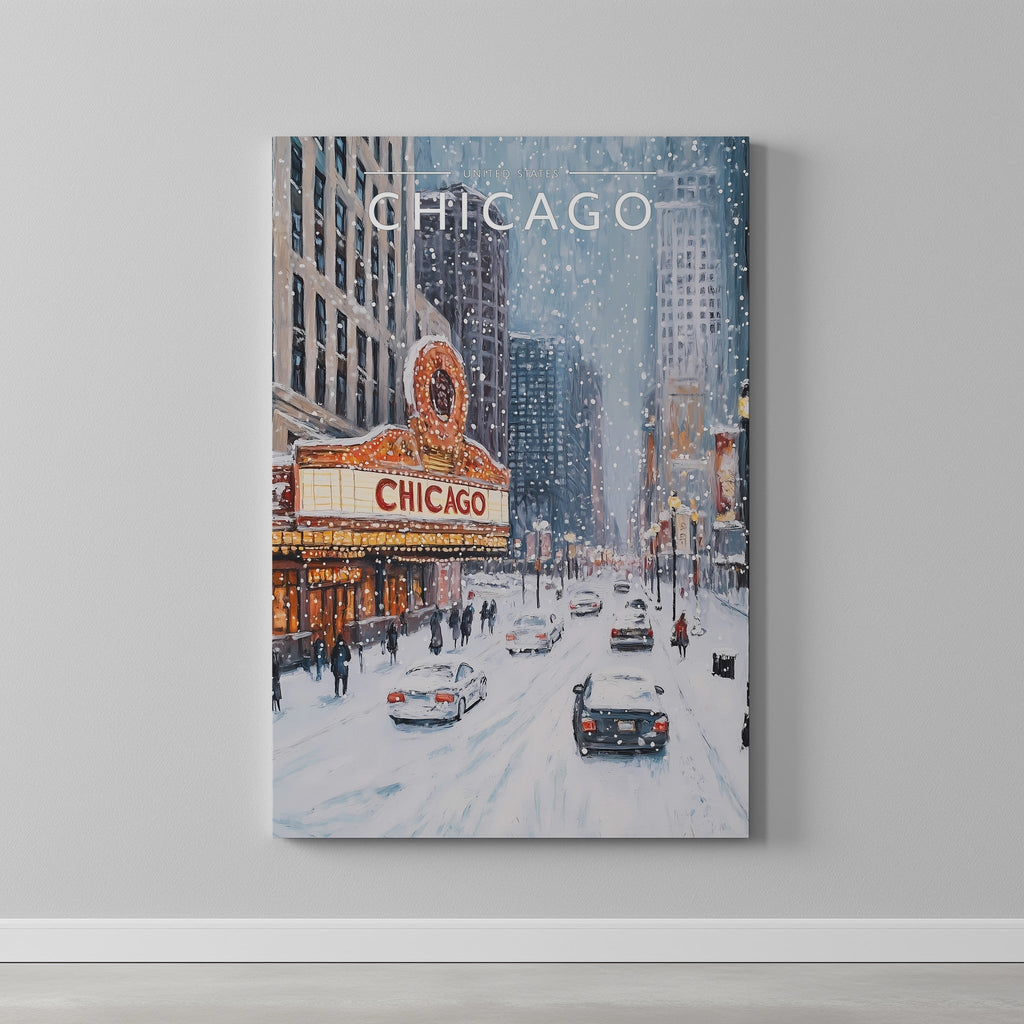 Chicago #2 Travel Poster as a gallery-wrapped canvas on a plain wall