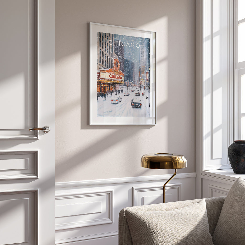 Chicago #2 Travel Poster in a white frame on a panelled wall