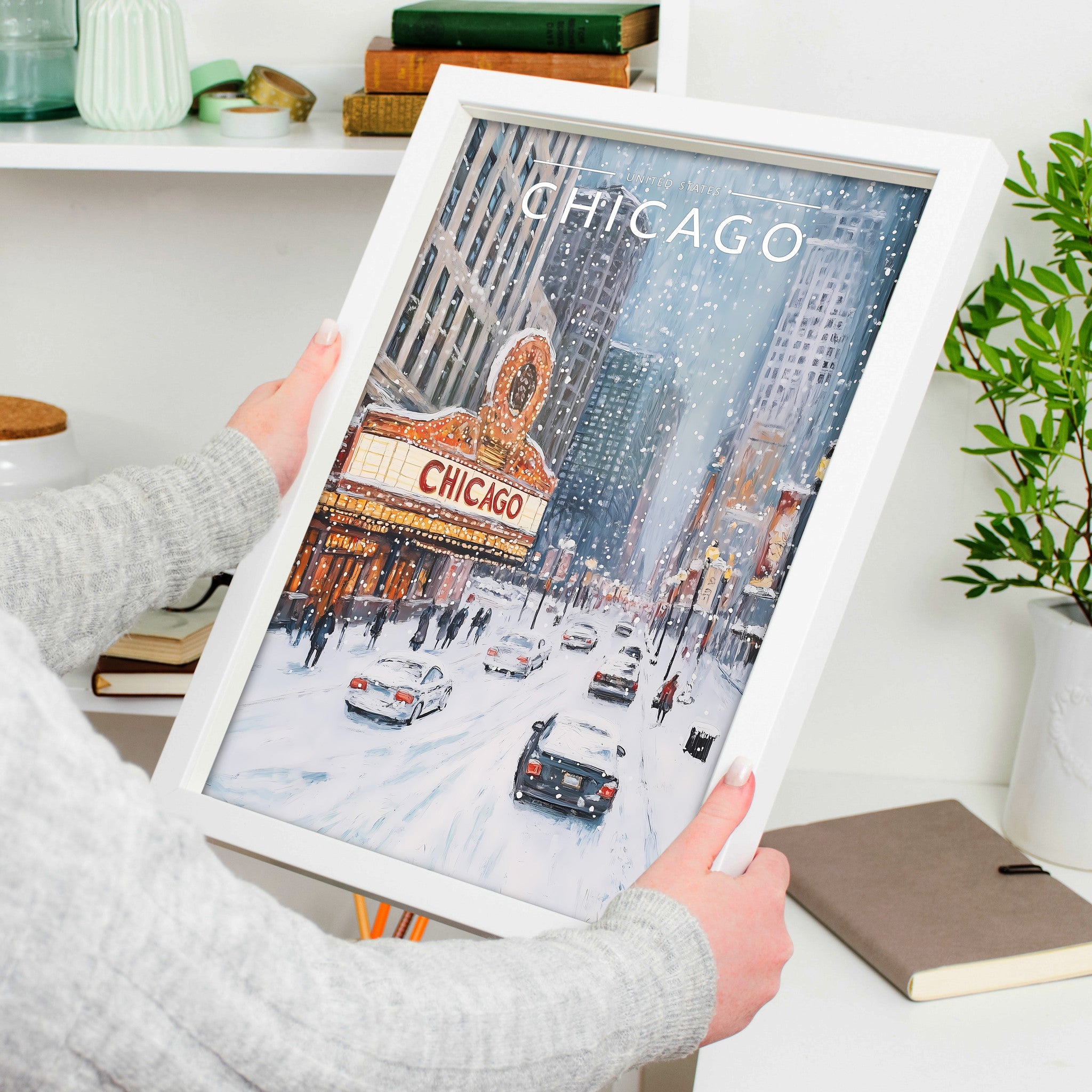 Chicago #2 Travel Poster in a white frame, held to show scale