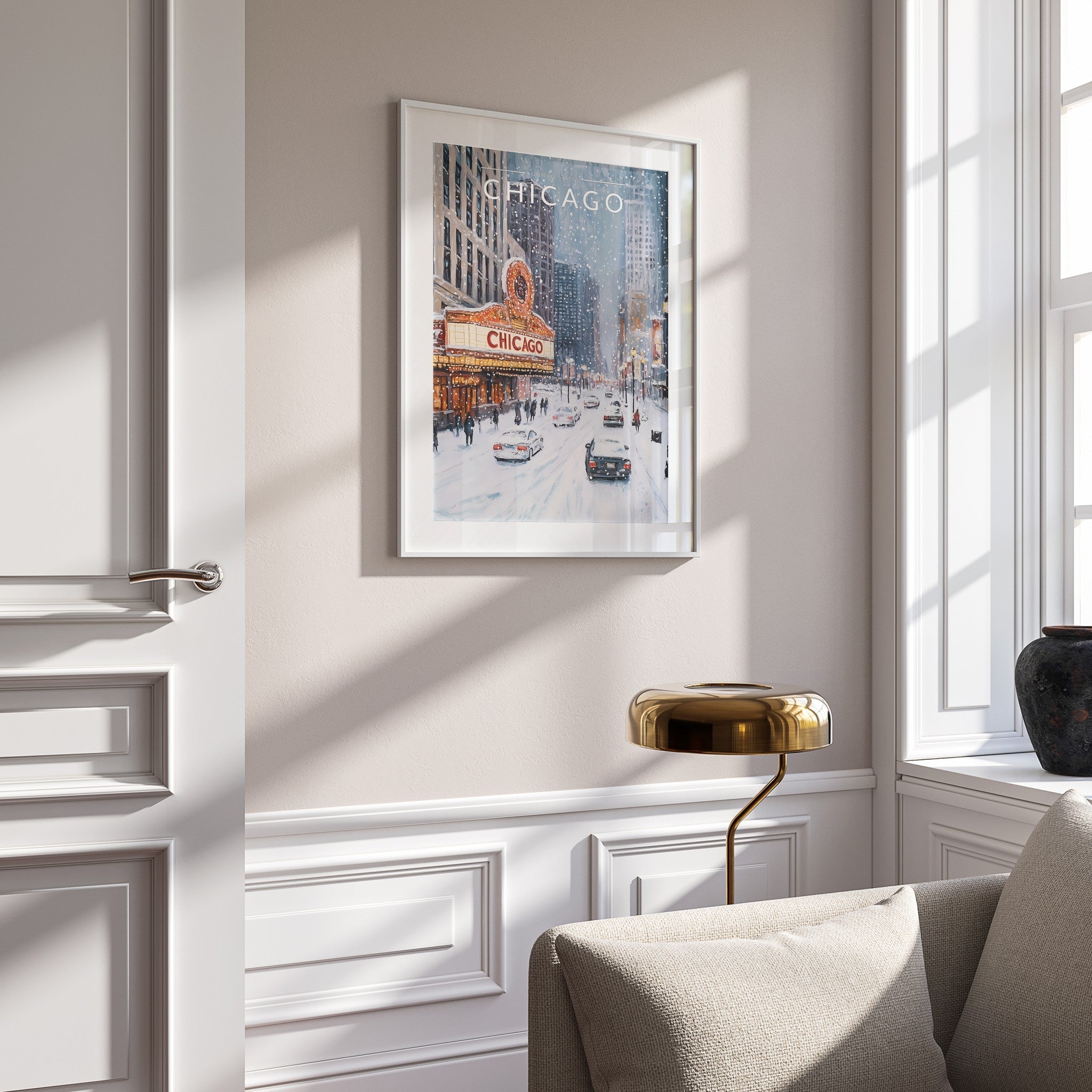Chicago #2 Travel Poster mounted in a white frame