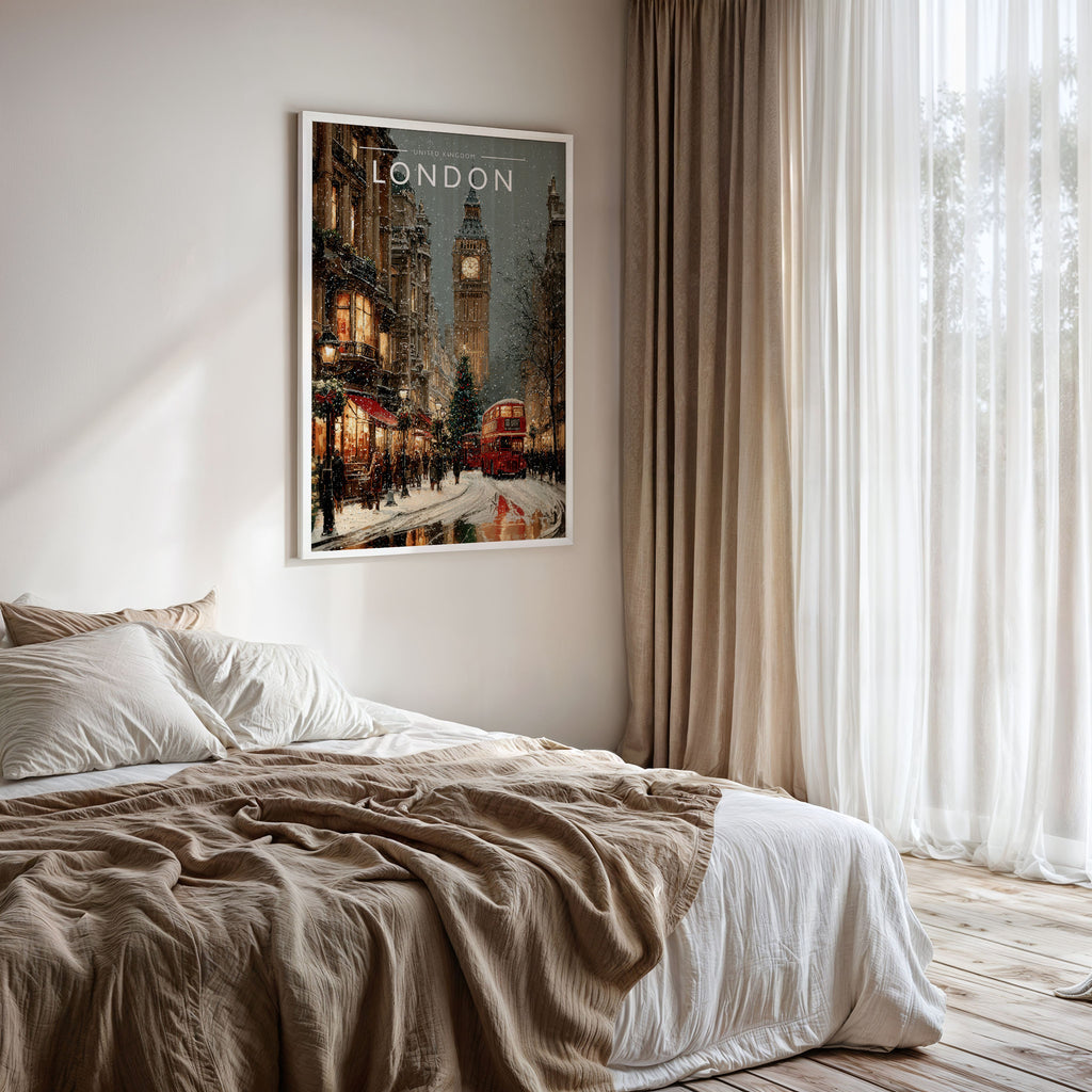 London Travel Poster framed on a bedroom wall