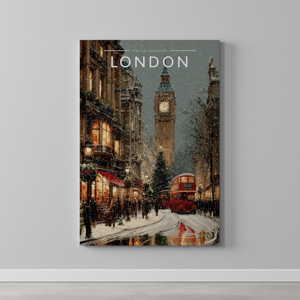 London Travel Poster as a gallery-wrapped canvas on a plain wall
